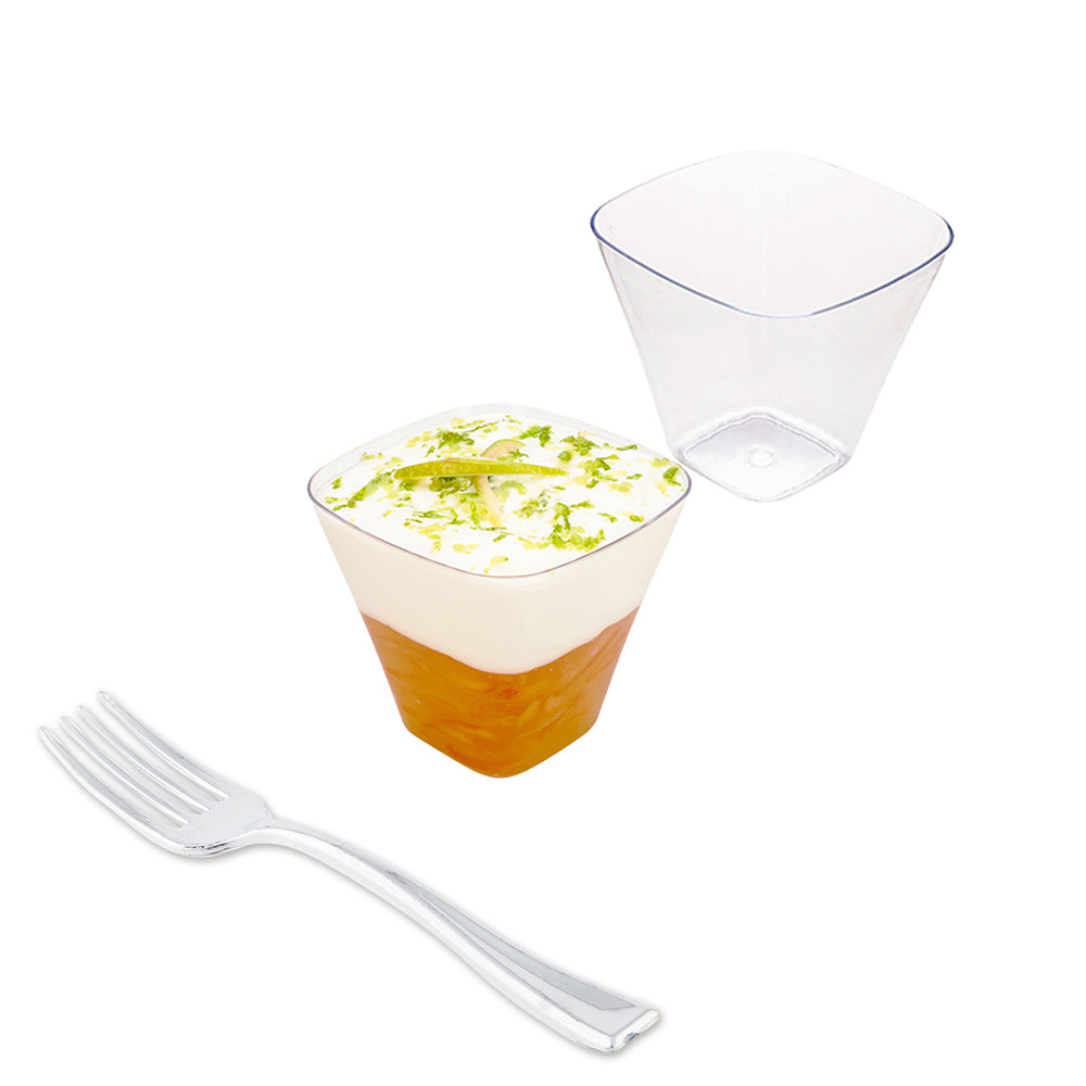 100 Pack 4 oz Square Clear Plastic Bellissima Tasting Cups with 100 Silver Mini Forks - Perfect for Wine Tasting, Dessert Sampling, and Party Appetizers