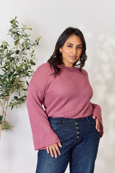 Culture Code Women's Full Size Waffle Knit Round Neck Long Sleeve Blouse - Soft Casual Shirt for Work, Date Night & Fall Layering