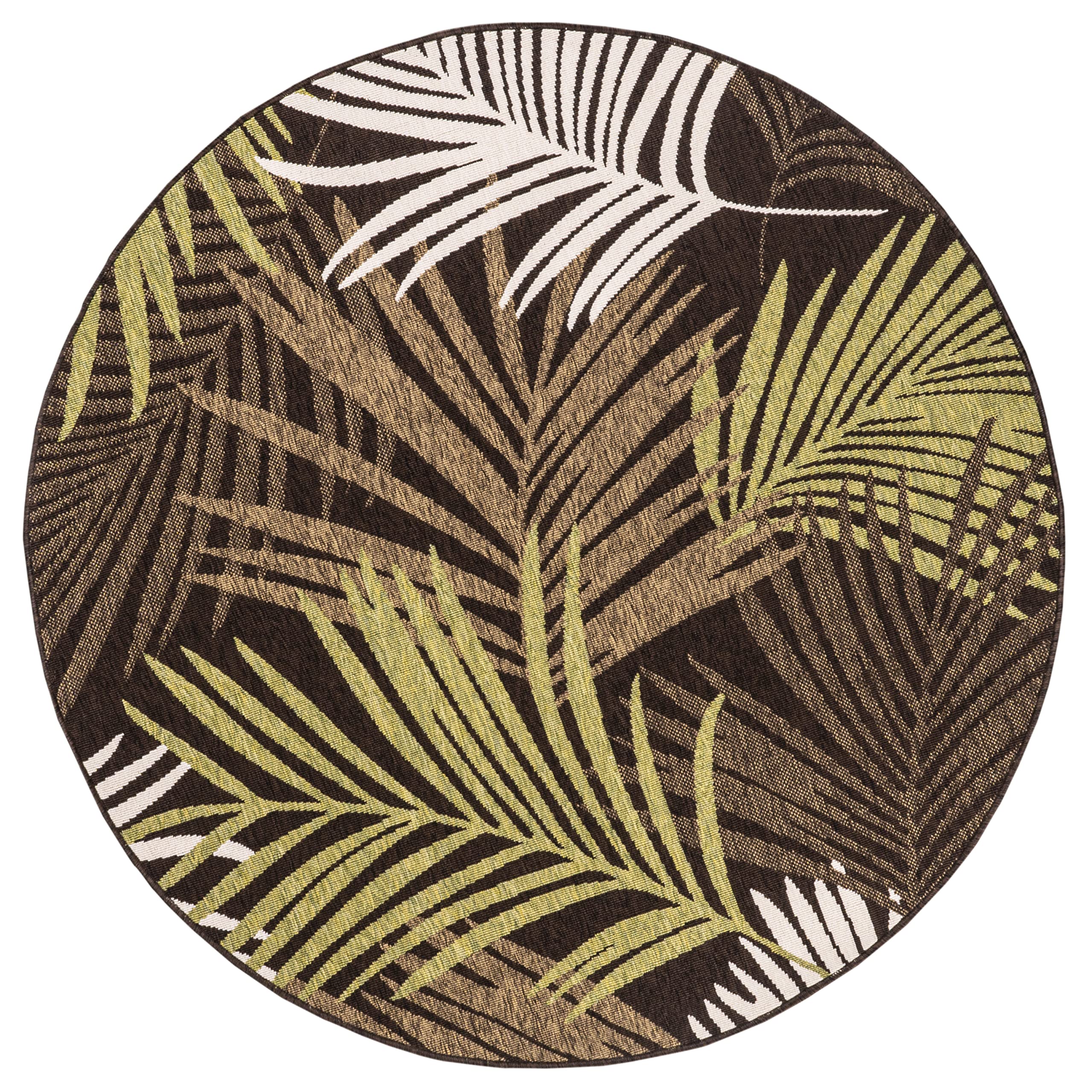 Premium Tropical Palm Tree Leaves Area Rug - Indoor/Outdoor Chocolate & Green Round Rug (5'3