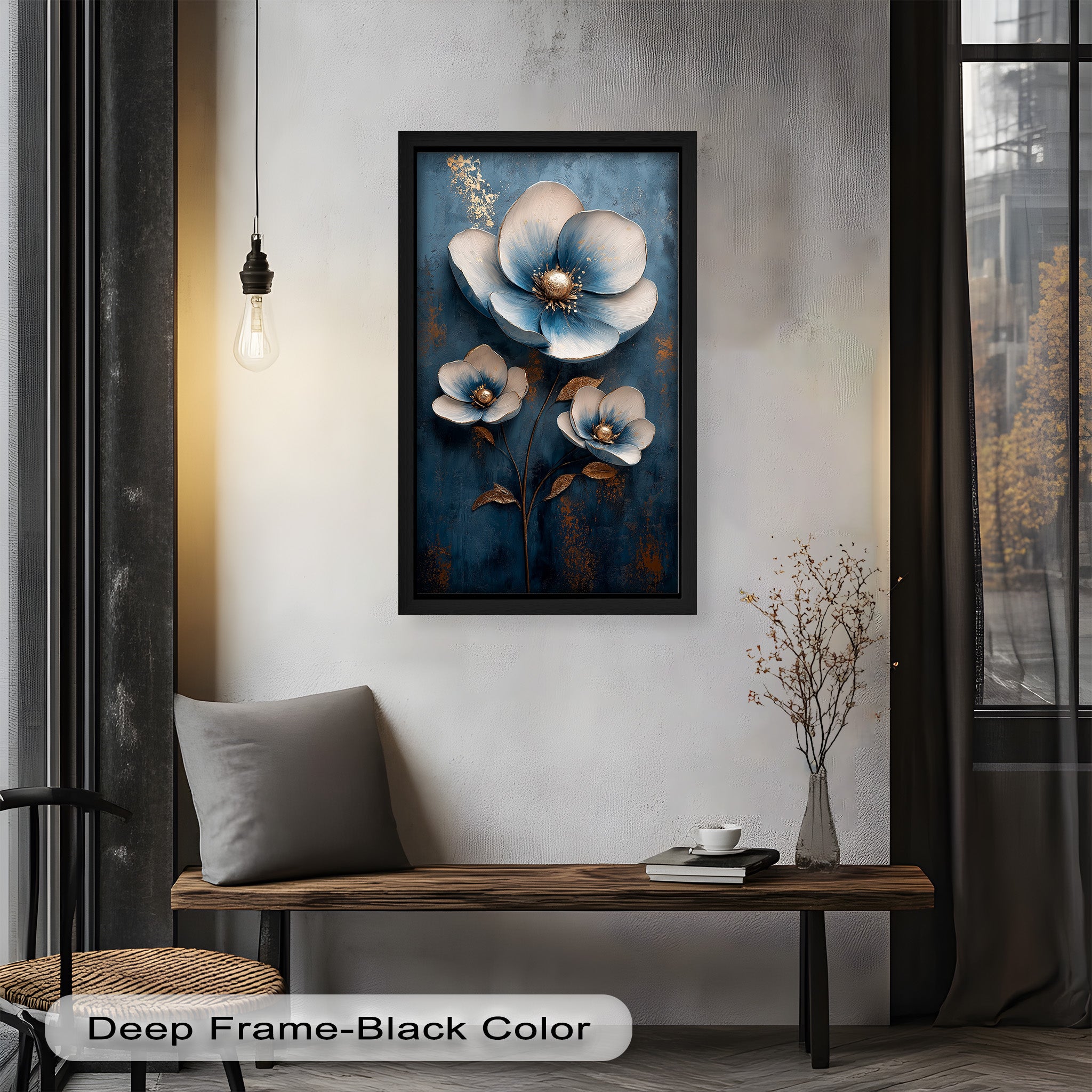 Blue and Gold Flower Modern Oil Painting - Handmade Canvas Wall Art for Living Room, Bedroom & Office Decor