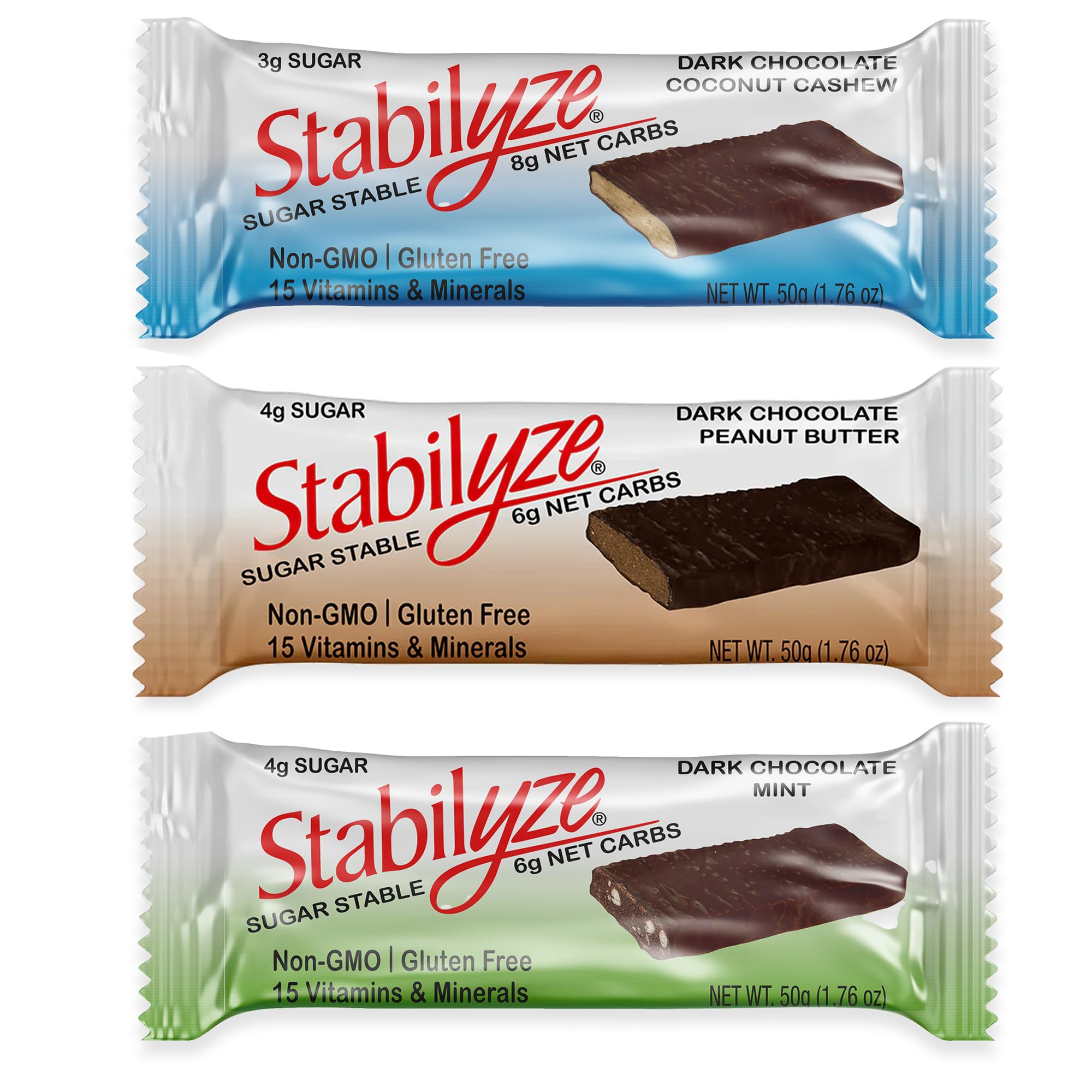 Stabilyze Nutrition Bars Variety Pack - Gluten Free, Low Carb Snacks with 15 Essential Vitamins & Minerals | Mint, Coconut & Peanut Butter Flavors | Individually Wrapped (12 Pack) | Perfect for Keto Diet, Gym Workouts & On-the-Go Healthy Snacking