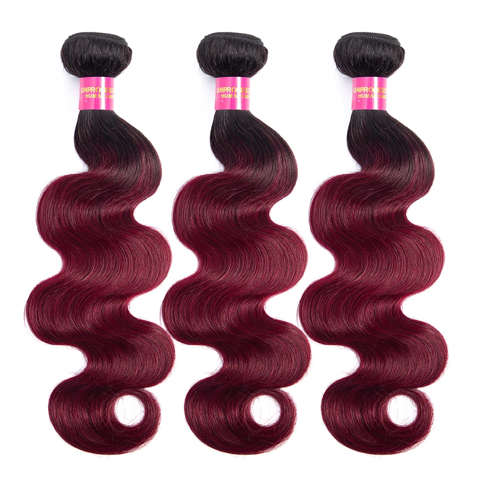FEEL ME 1b99J 100% Brazilian Human Hair Bundles - 3Pcs Body Wave Ombre Weft Extensions (20 22 24 Inch) Black to Burgundy - Natural Soft & Tangle-Free Hair Extensions for Styling, Weaving & Salon Use