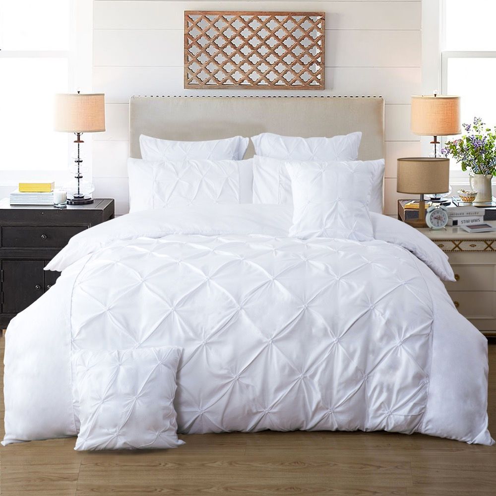 Premium Diamond Pintuck King Size White Duvet Cover Set - Luxury Bedding for Master Bedroom & Guest Room Decor