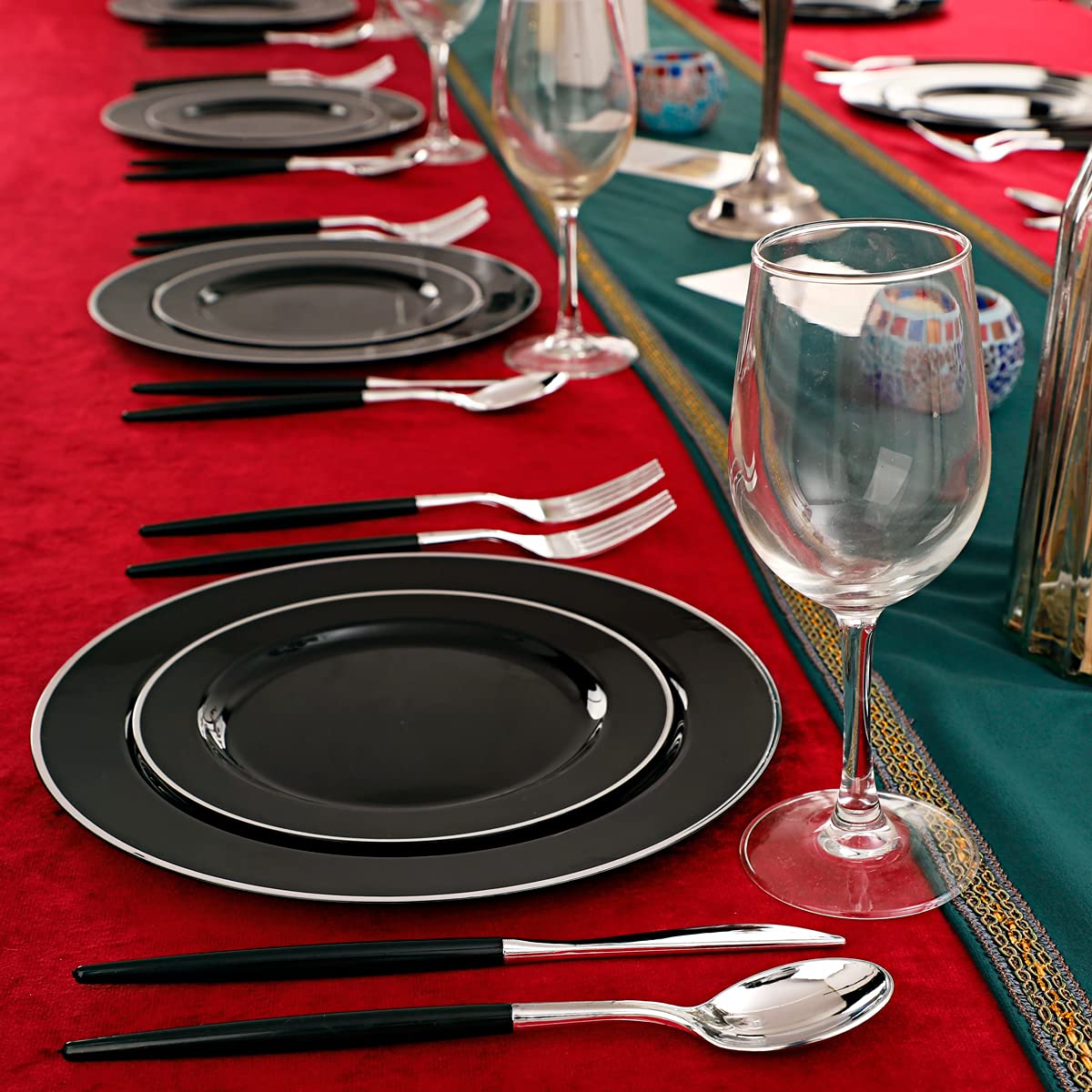 WELLIFE 120-Piece Black & Silver Plastic Dinnerware Set - 24 Dinner Plates, 24 Dessert Plates & 72 Silverware for Parties, Weddings & Events - Elegant Disposable Tableware for Catering, Picnics & Outdoor Gatherings