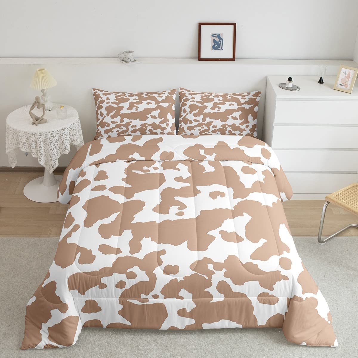 Modern Abstract Cow Print Twin Size Comforter Set - Soft Brown & White Cattle Themed Bedding for Boys & Girls, Includes Duvet Cover & Pillowcase, Perfect for Kids' Room Decor & Nursery Design