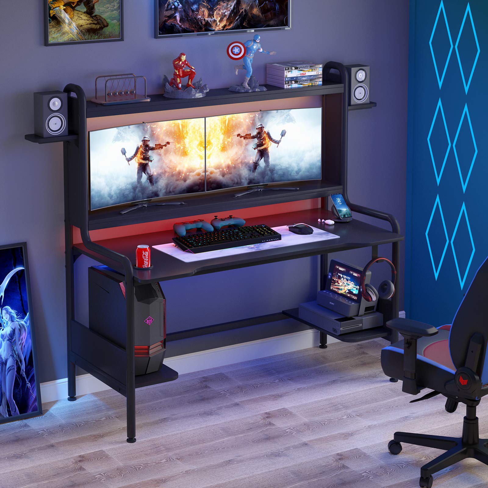 TIYASE 55 Inch Black Gaming Desk with Monitor Stand - Large PC Gamer Workstation with Hutch, Storage Shelves, Cup Holder & Headphone Hook - Perfect for Esports, Streaming & Home Office Setup