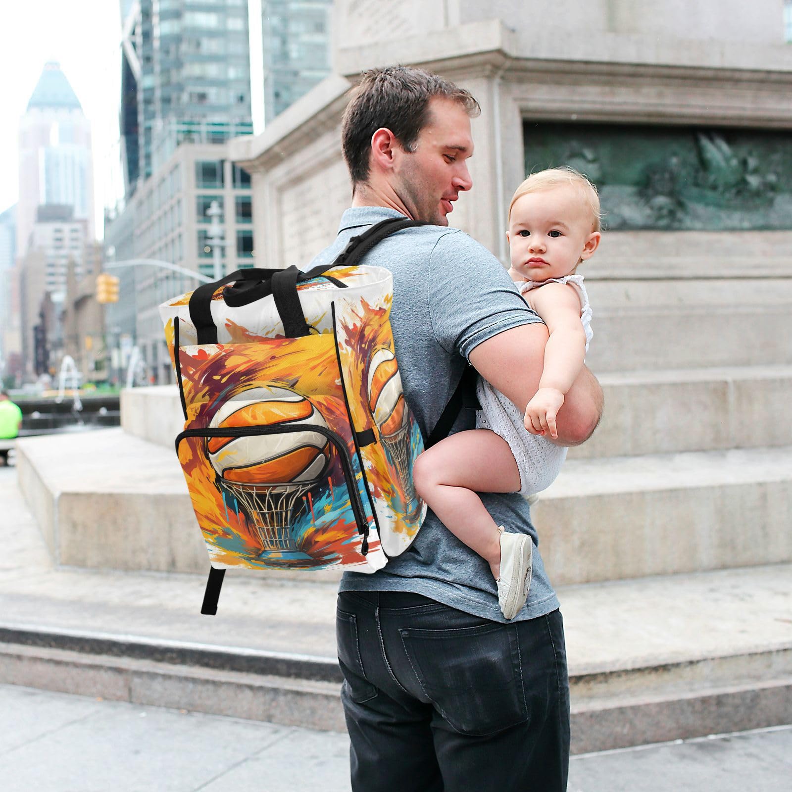 Stylish Multifunctional Diaper Backpack for Moms - Large Capacity Lightweight Travel Baby Bag with Basketball Art Design, Perfect for Sports, Outings & Daily Use