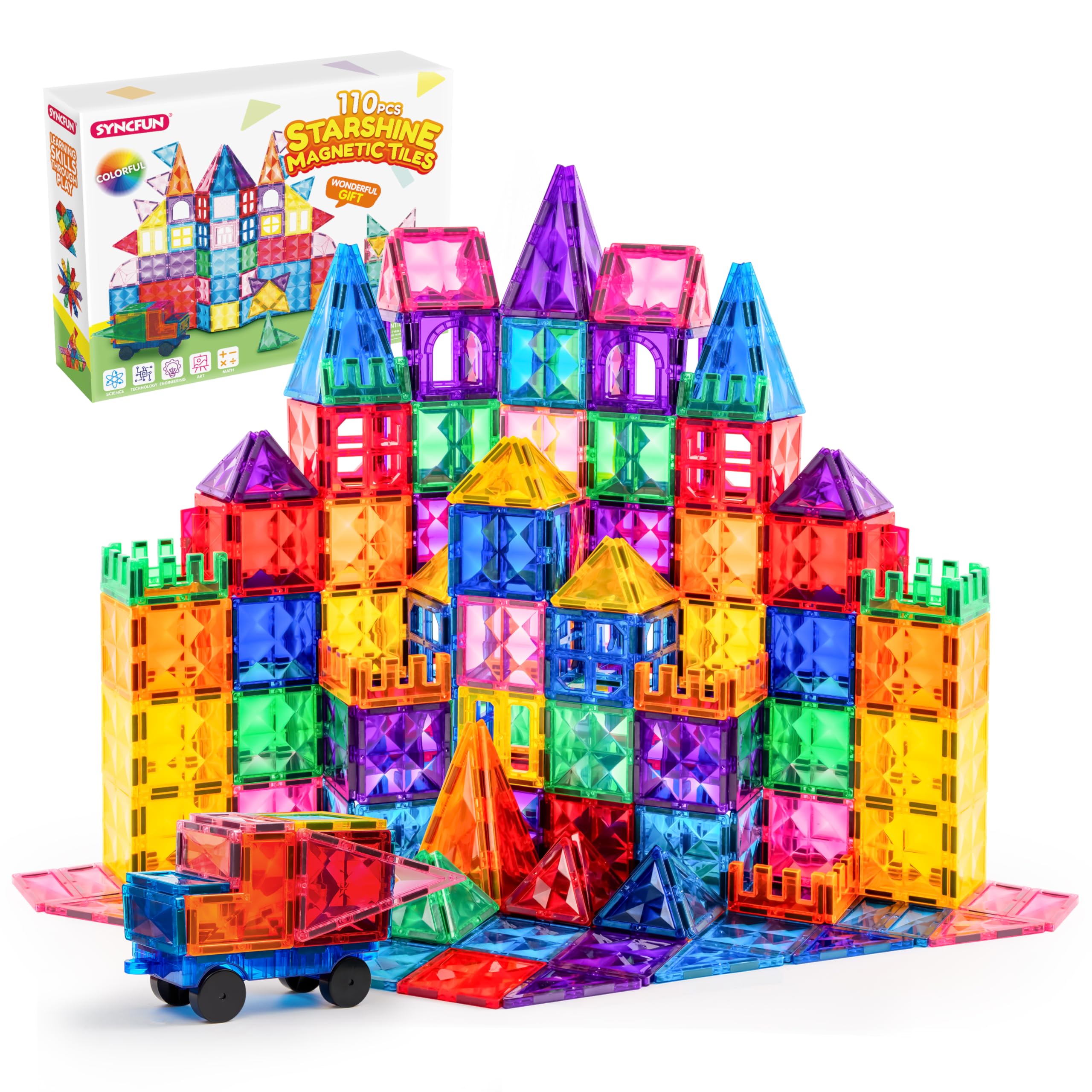 SYNCFUN 110PCS Magnetic Building Blocks for Kids - STEM Educational Construction Toys with 3D Vehicle Tiles - Sensory Learning Toys for 3 4 5 6 7 Year Old Boys & Girls - Perfect Birthday Gift for Creative Play & Early STEM Development