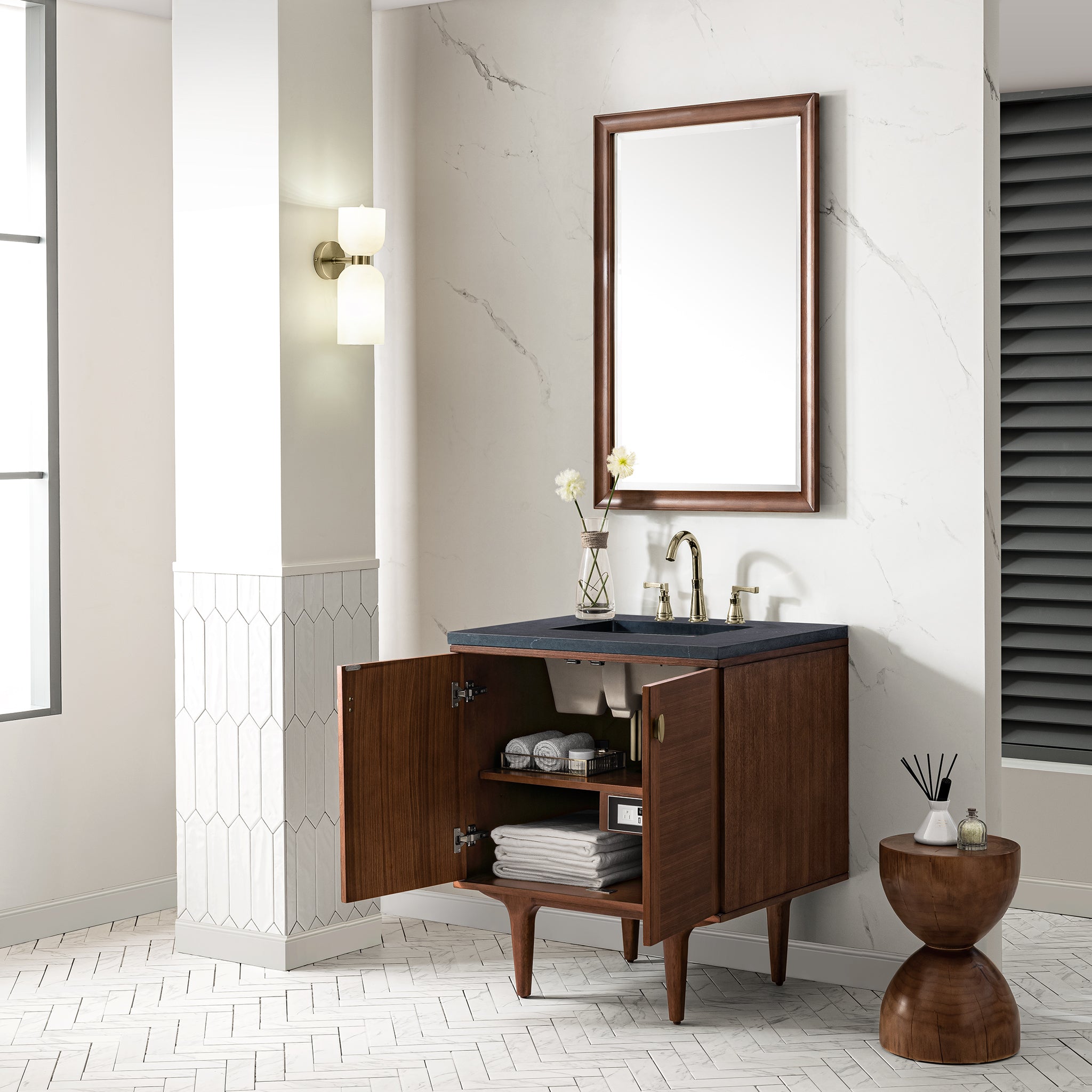 Amberly 30 Inch Single Bathroom Vanity with Sink - Mid Century Modern Walnut Finish for Small Space & Powder Room Remodel