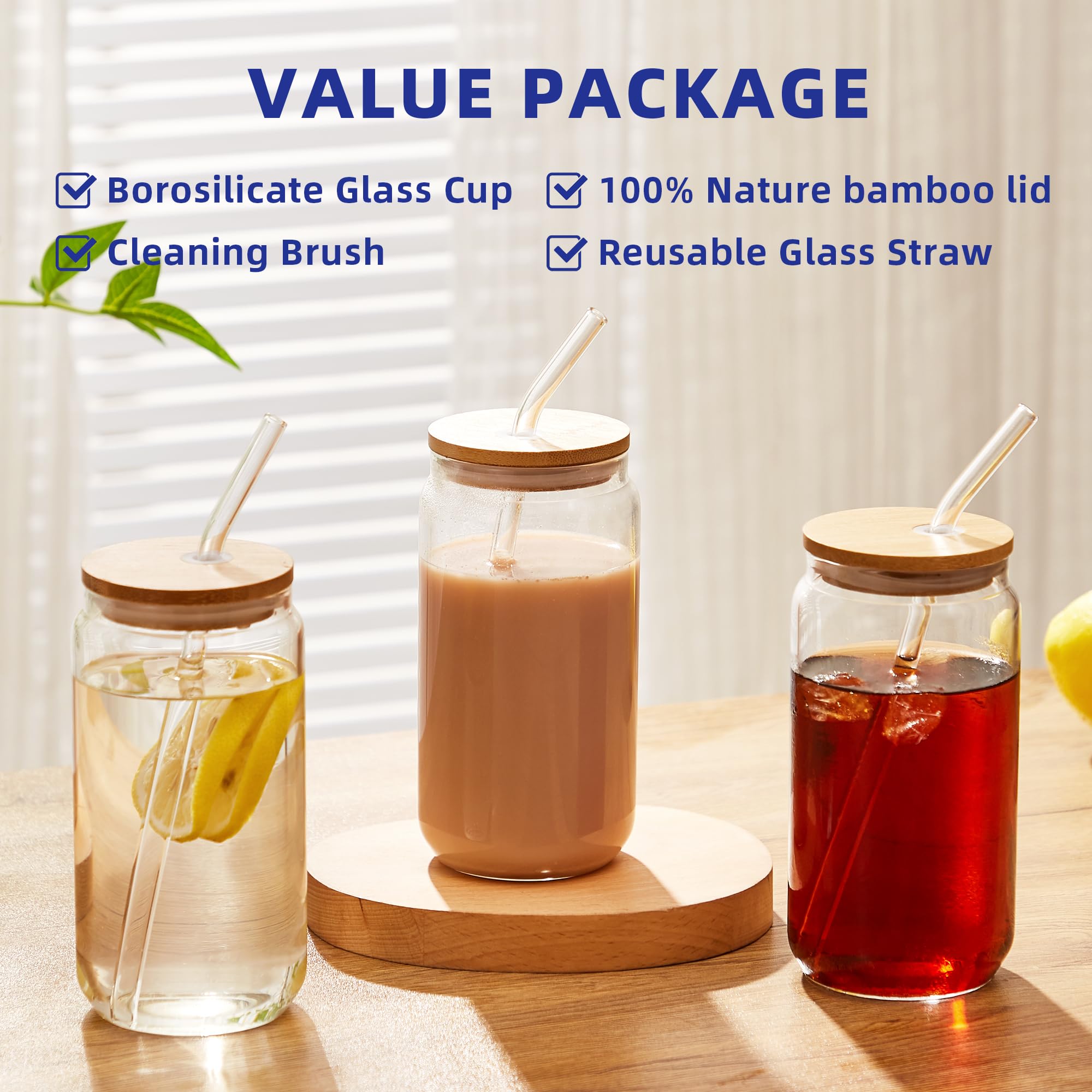 6-Piece Set of 16oz Beer Can Shaped Glass Cups with Bamboo Lids & Glass Straws - Cute Tumbler for Soda, Cocktails, Iced Coffee - Includes 6 Cleaning Brushes - Perfect for Home, Office, Parties & Outdoor Gatherings