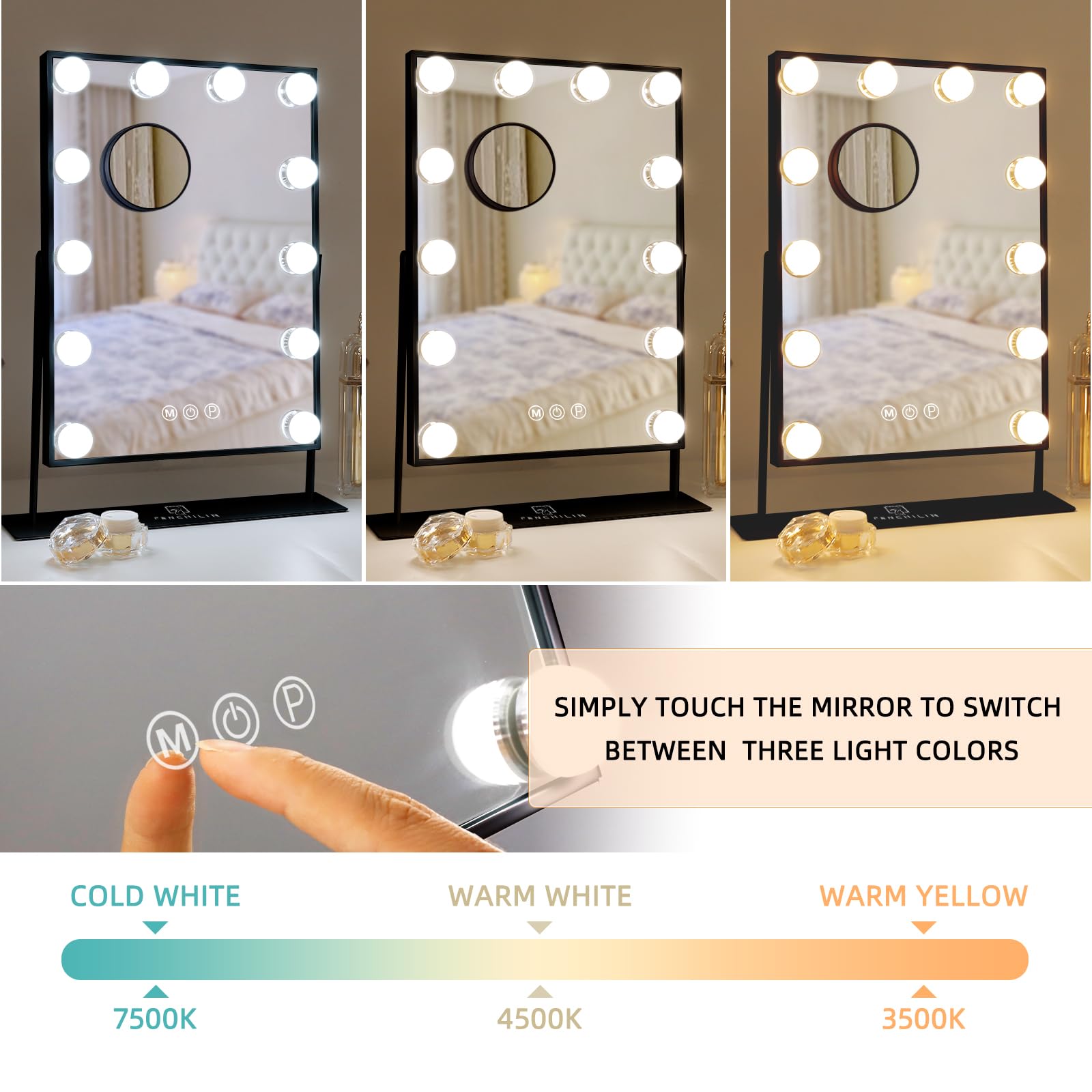 FENCHILIN Hollywood Vanity Mirror with LED Lights - Smart Touch Control, 3-Color Dimmable Lighting, 10X Magnification & 360° Rotation - Detachable Black Makeup Mirror for Professional Makeup Application & Home Beauty Station