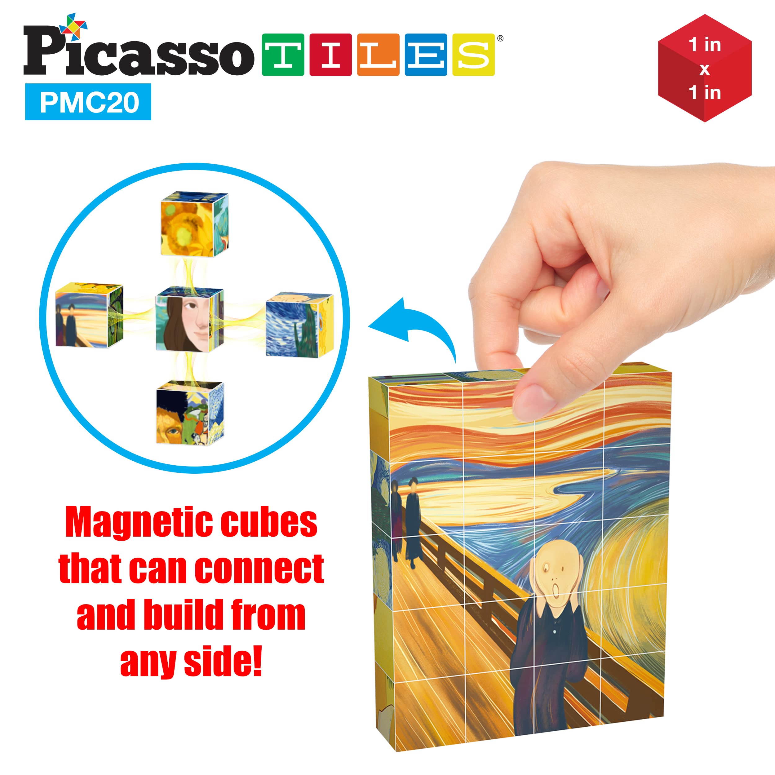 PicassoTiles 50-Piece Magnetic Puzzle Cube Set - Van Gogh, Mona Lisa & Art Mix & Match Building Blocks | STEM Learning, Sensory Toys for Kids | Creative Construction Play for Home & Classroom Activities