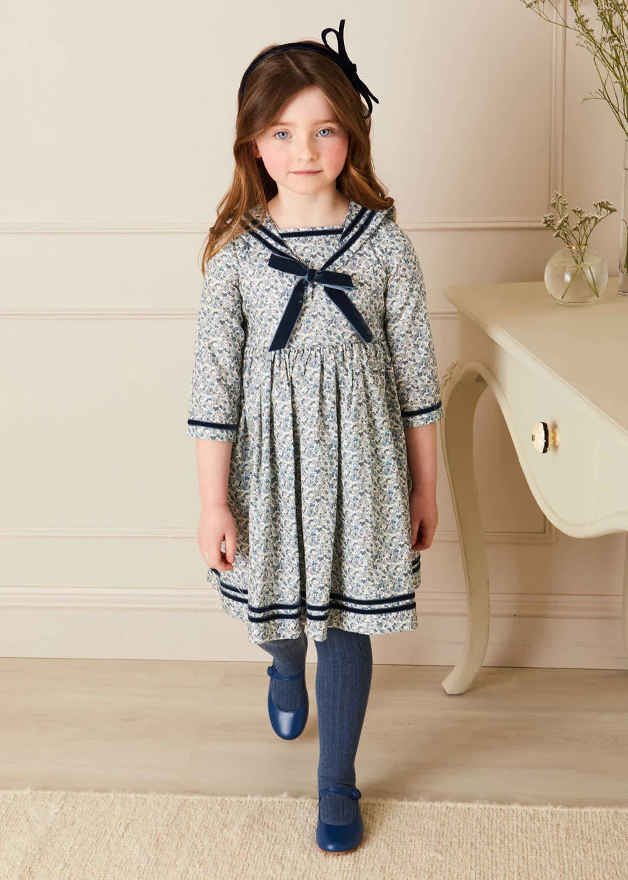 Evelyn Floral Mariner Dress for Girls - Cute Navy Blue Sailor Style Dress for Summer, Beach, and Special Occasions