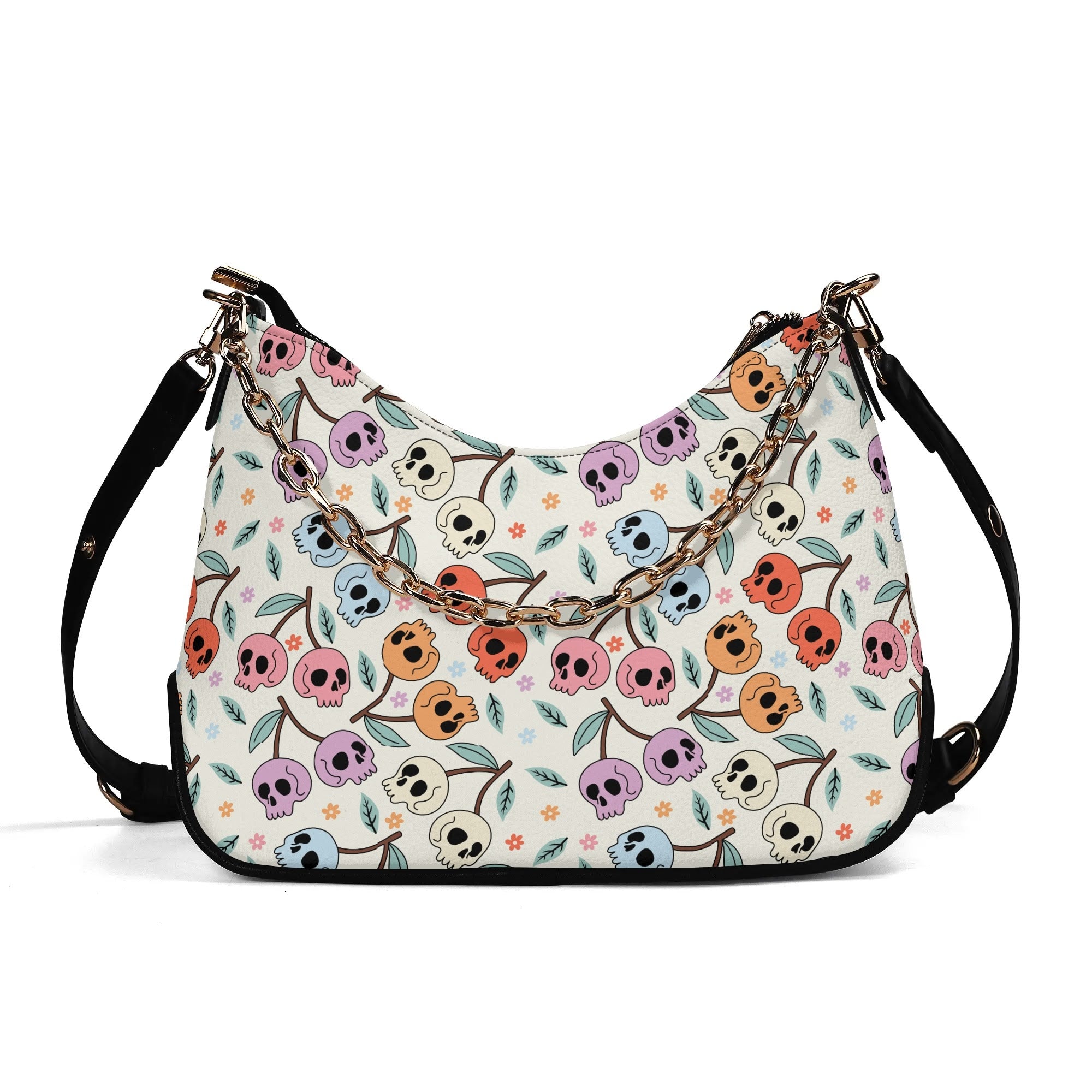 Stylish Cherry Skull Print Leather Crossbody Bag with Detachable Chain Strap - Gothic Fashion Accessory for Women, Perfect for Parties, Concerts & Everyday Use