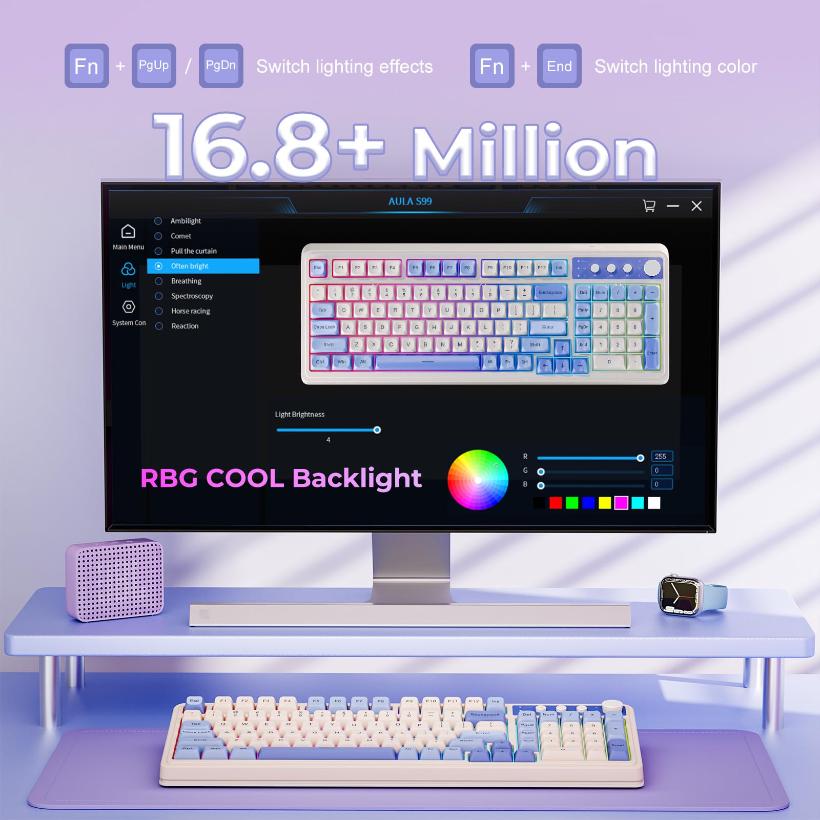AULA 99-Key Tri-Mode Wireless Mechanical Keyboard - Bluetooth/2.4GHz/USB-C, RGB Backlit with Number Pad & Media Knob, Creamy Purple Gaming Keyboard for PC, MAC, Xbox - Perfect for Gaming, Office Work & Typing