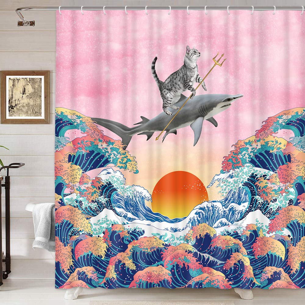 Funny Cat Riding Shark Shower Curtain - 70x70 Inch Japanese Kanagawa Wave Anime Bathroom Decor with Hooks - Perfect for Themed Bathrooms, Kids' Rooms, and Anime Lover Gifts