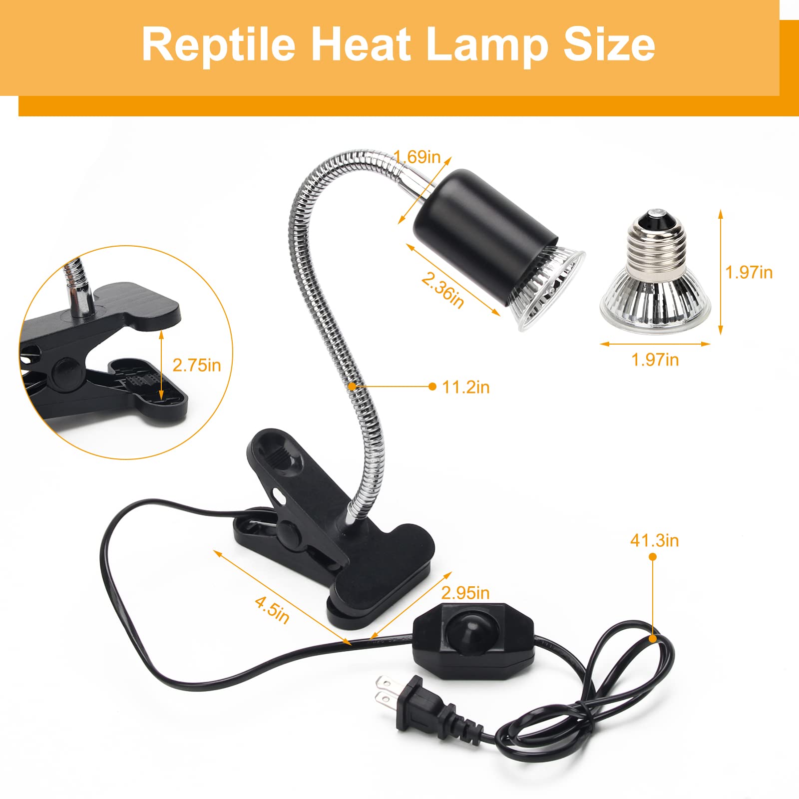 50W UVA UVB Reptile Heat Lamp with 2 Bulbs - 360° Rotatable Adjustable Clips for Turtles, Lizards, Snakes - Perfect for Aquariums, Terrariums & Reptile Habitats - Yellow Light for Daytime Basking & Nighttime Warmth