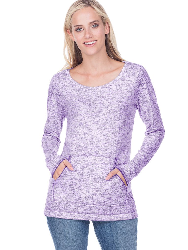 Junior's Static Jersey Print Contrast Raw Edge Long Sleeve with Pouch - Grape L | Trendy Casual Top for Teens, School, and Everyday Wear