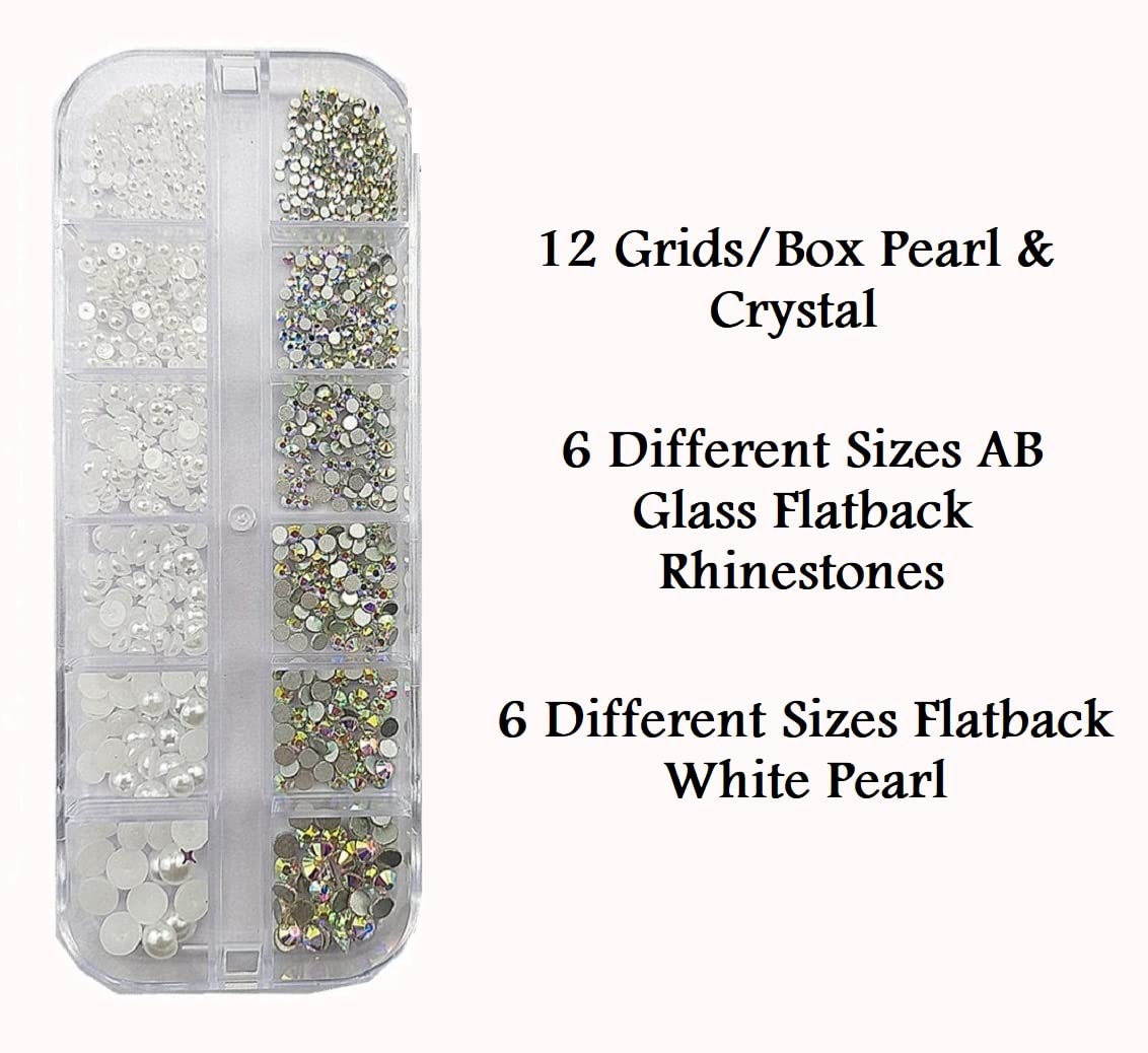 S.A.V.I 12 Grids White Flat Pearls & AB Glass Flat Crystals - Rhinestones for Nail Art Decorations, DIY Manicure Supplies for Women - Perfect for Nail Salon, Home Manicure & Party Glam Looks