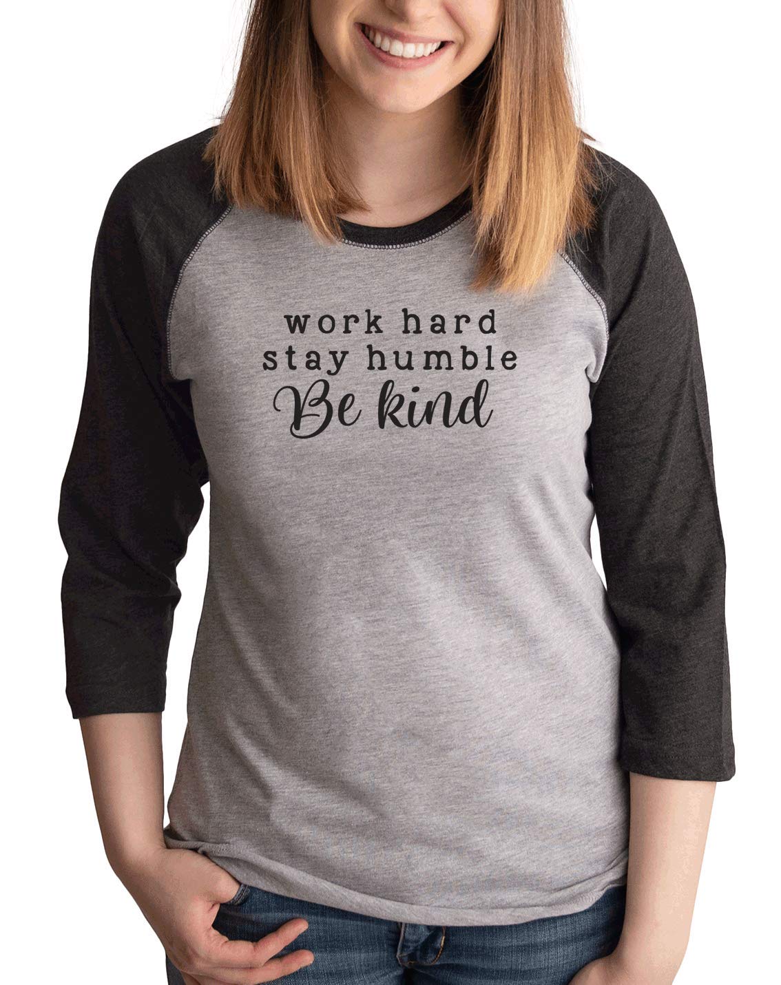 7 ate 9 Apparel Women's Be Kind Inspirational Raglan T-Shirt - Grey Cotton Tee for Casual Wear, Workout & Everyday Comfort