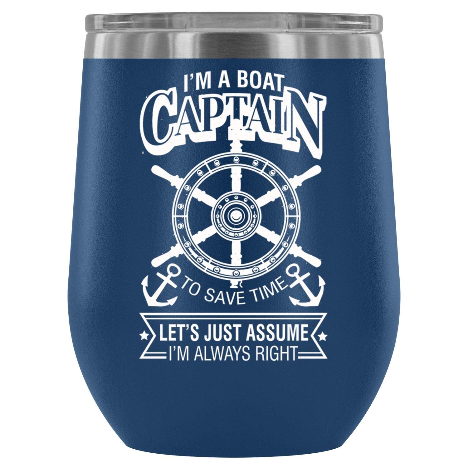 Stainless Steel Vacuum Insulated Wine Tumbler with Lid - 12oz Boat Captain Design Tumbler Cup for Wine, Beer & Cocktails | Perfect for Boating, Camping & Outdoor Adventures (Blue)