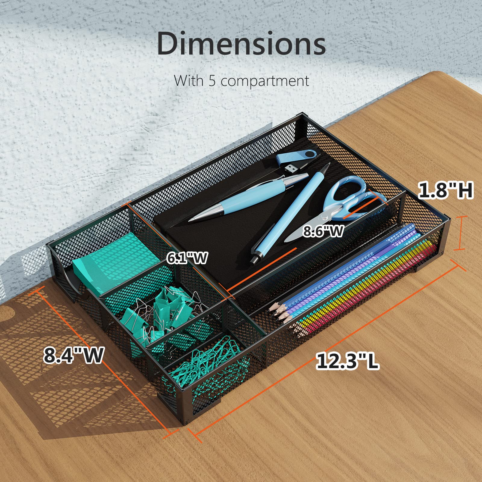 Desk Drawer Organizer with 5 Dividers - Office Supplies Storage Tray for Pens, Pencils & Small Items - Perfect for Office, Bathroom, Kitchen & Makeup Vanity Organization