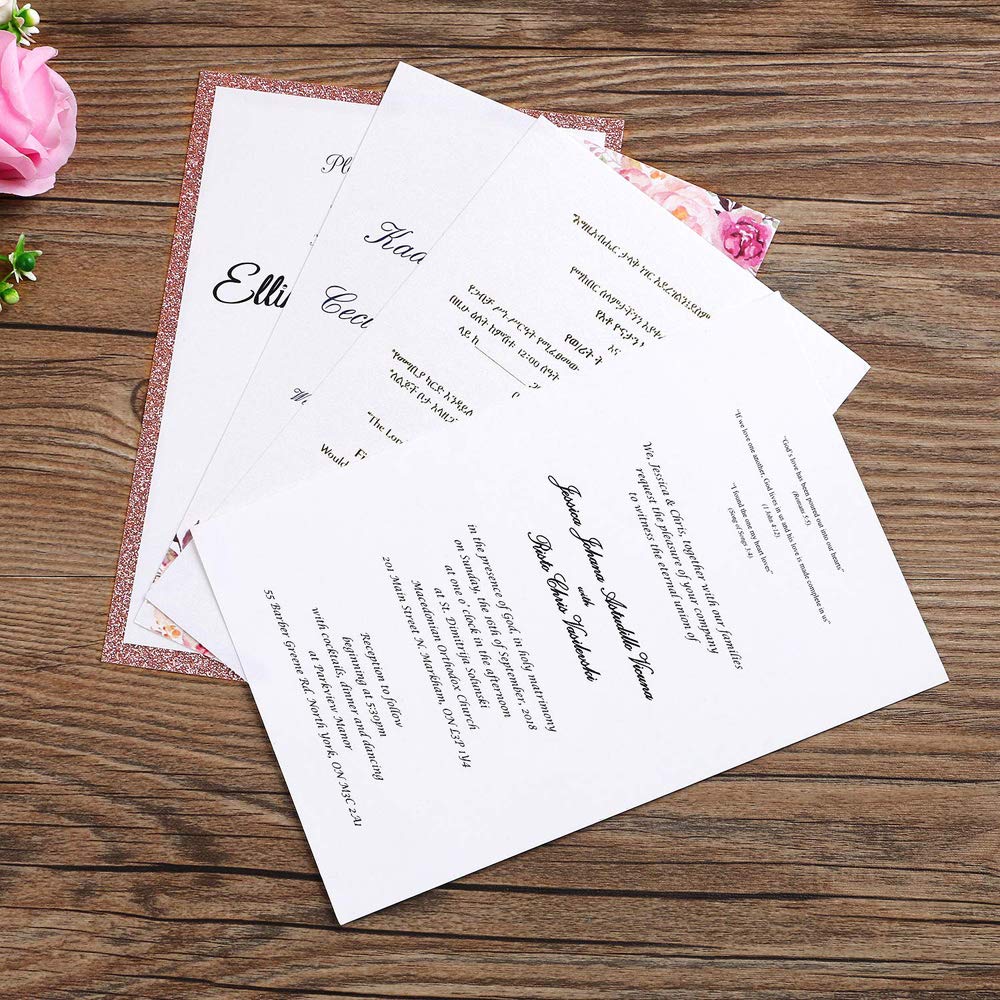 50PCS Rose Gold Glitter Wedding Invitation Cards Set - 5” x 7.2” Laser Cut Blank Invites with Envelopes & Ribbon, Floral Lace Design for Quinceañera, Bridal Shower, Birthday & Anniversary Parties - Elegant Stationery for Special Celebrations