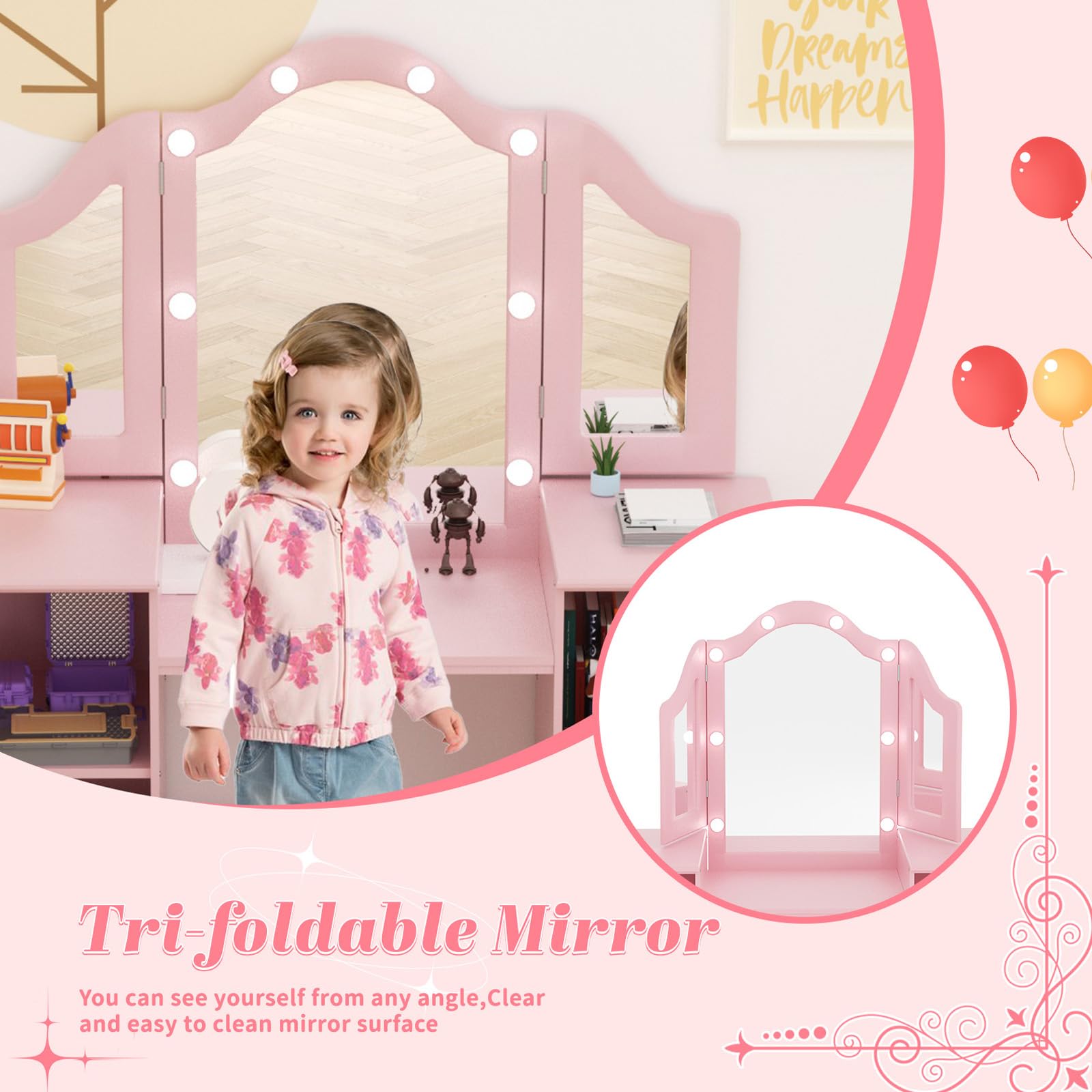 XJD Kids Vanity Set with Mirror, Stool & Lights - 2-in-1 Wooden Princess Makeup Desk & Storage Cabinet for Girls (Pink) | Perfect for Bedroom Decor, Birthday Gifts & Pretend Play