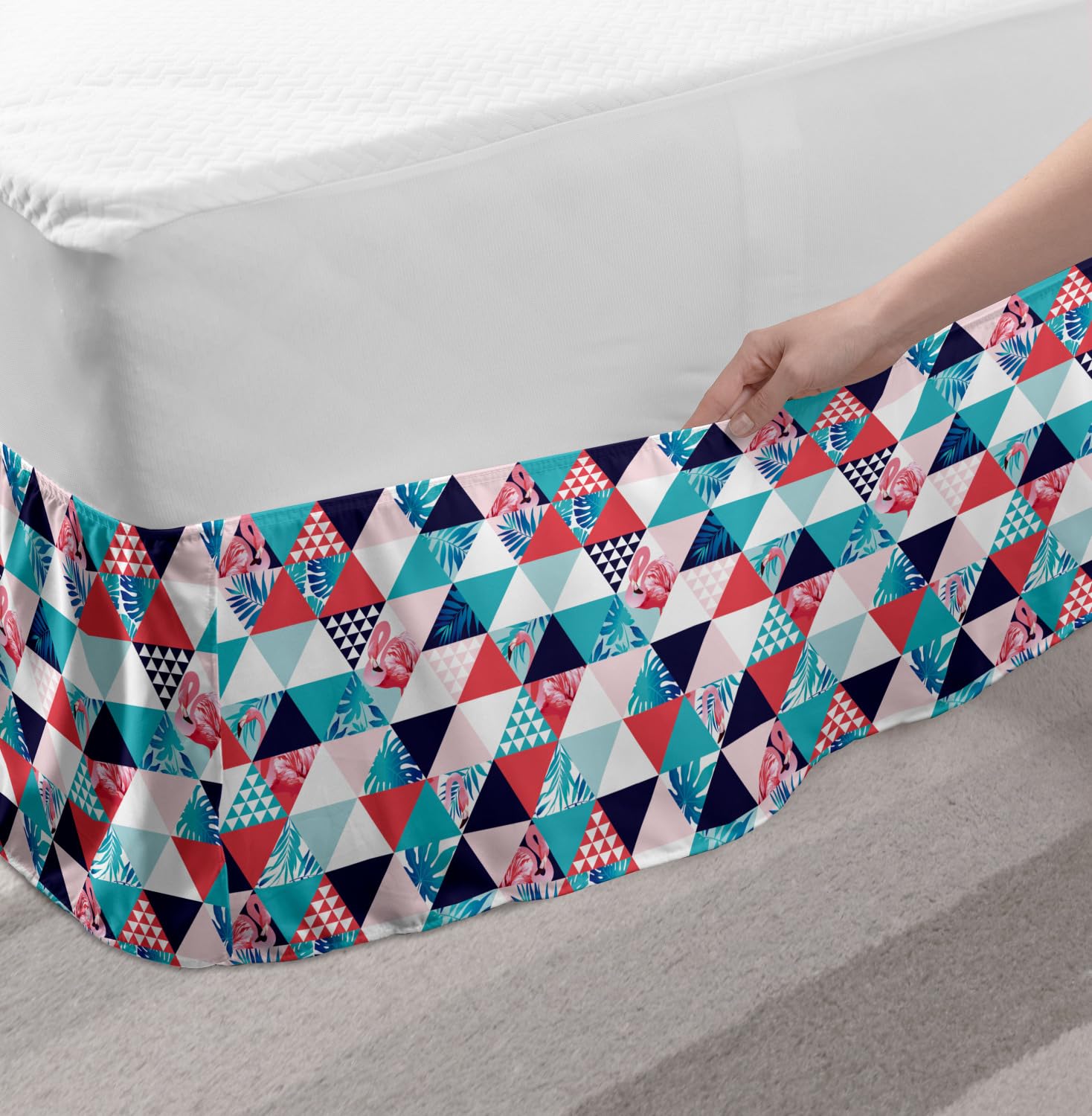 Ambesonne King Size Elastic Bed Skirt with Flamingo & Geometric Triangle Design - Exotic Beach Mosaic Pattern Wrap Around Dust Ruffle for Bedroom Decor - Perfect for Coastal, Tropical or Boho Chic Home Styling
