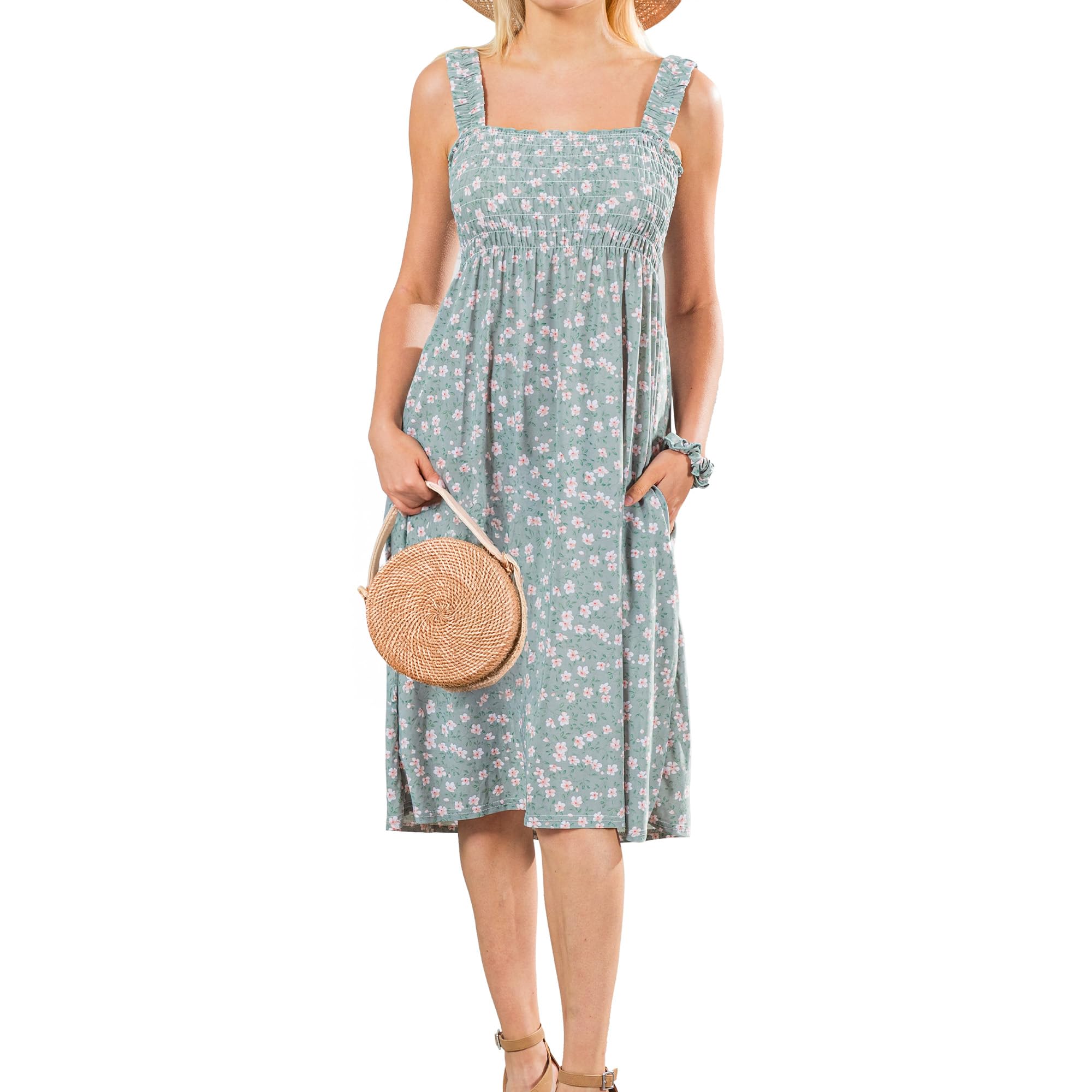 Floral Sundress with Pockets - Women's Sleeveless Long Beach Dress with Scrunchie | Perfect for Vacation, Summer Outings & Tropical Getaways 2024
