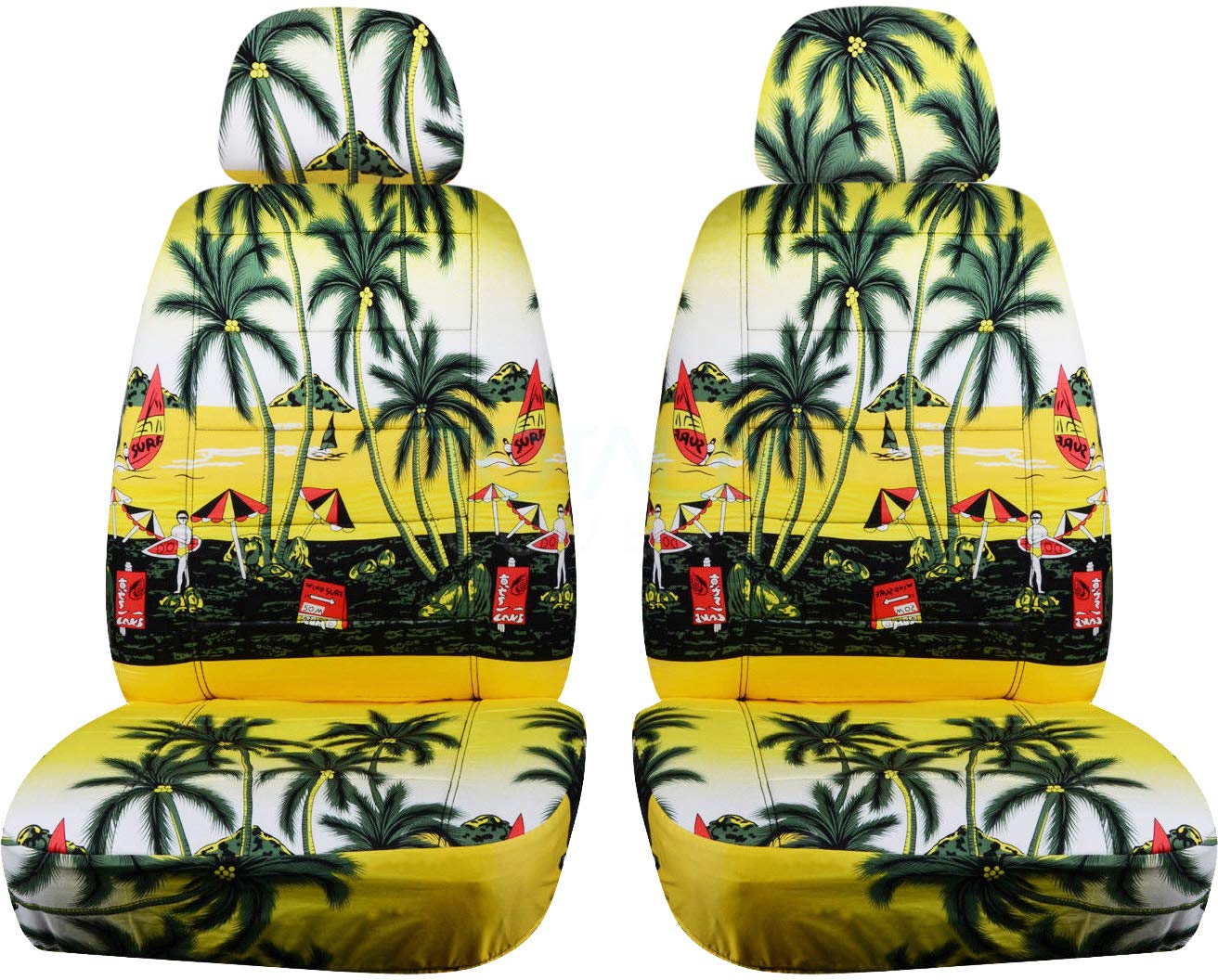 Hawaiian Print Car Seat Covers - Universal Fit for Front Bucket Seats with 2 Separate Headrests | Yellow Palm Tree Design | Compatible with Airbags, Seat Belts, Armrests & Seat Release Levers | Perfect for Beach Trips, Summer Road Trips & Tropical-Themed Car Interiors (6 Prints Available)