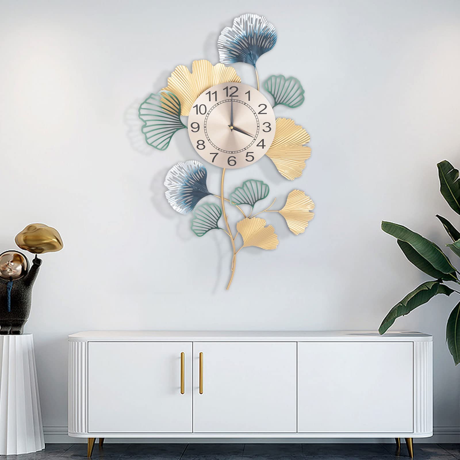 Large Decorative Wall Clock - Modern Ginkgo Floral Design for Living Room, Bedroom, Dining Room | Silent Non-Ticking Big Wall Watch for Home, Office, Cafe & Hotel Decor | Perfect for Farmhouse, Boho & Vintage Style Interiors