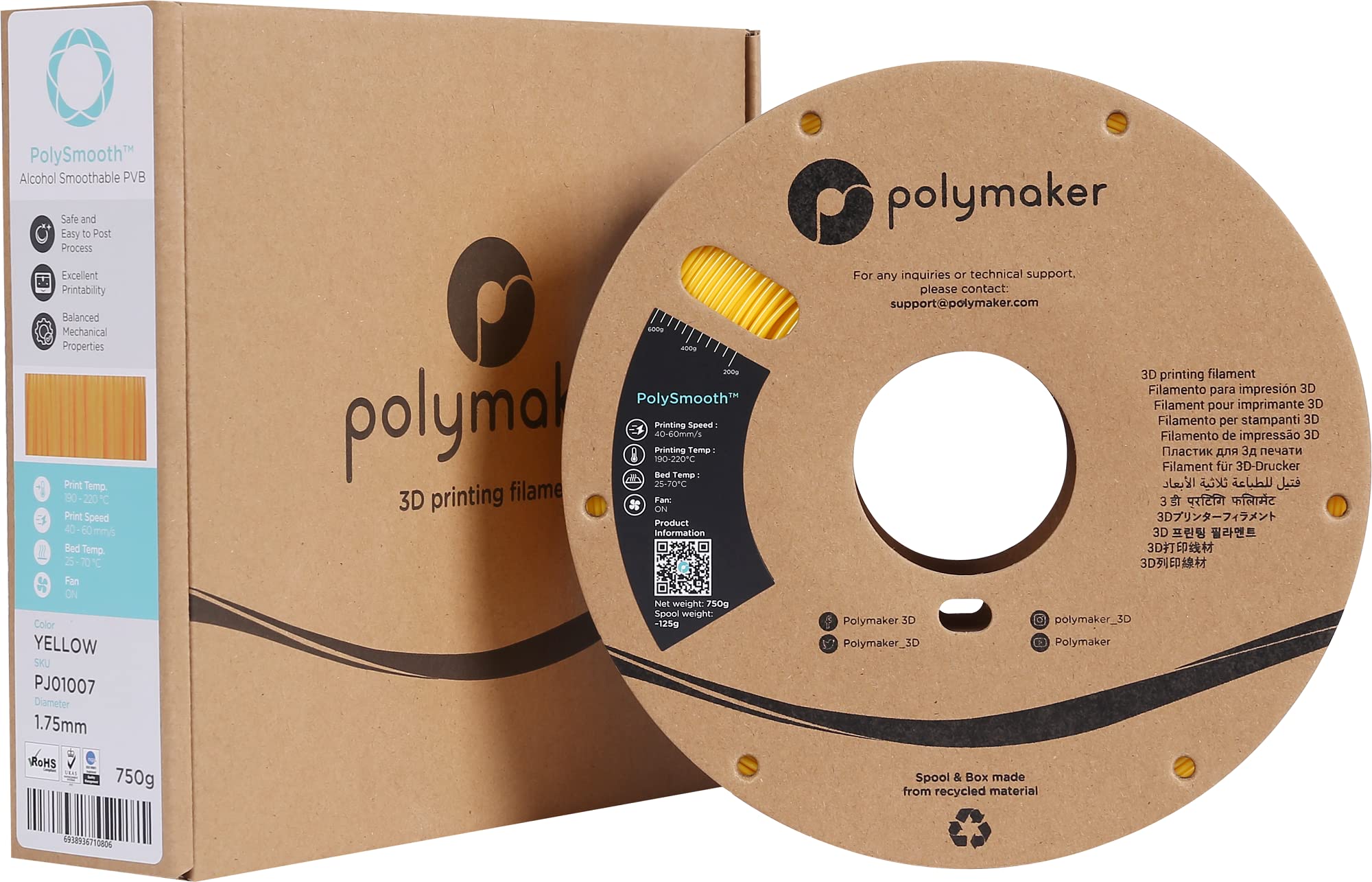 Polymaker PolySmooth PVB 3D Printer Filament 1.75mm - 750g Yellow Filament Spool | Easy Printing Like PLA | IPA Alcohol Smoothing Compatible with Polysher | Ideal for Prototyping, Cosplay Props & Artistic Models