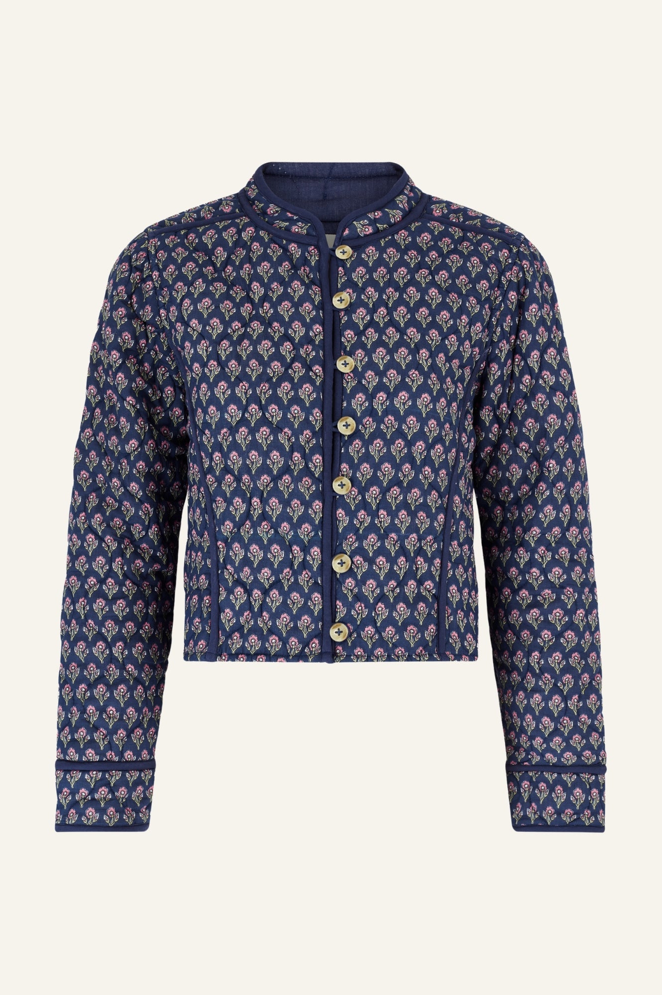 Polly Quilted Jacket Women's Lightweight Puffer Coat - Primrose Stamp Navy/Pink Waterproof Winter Jacket for Outdoor Activities & Casual Wear