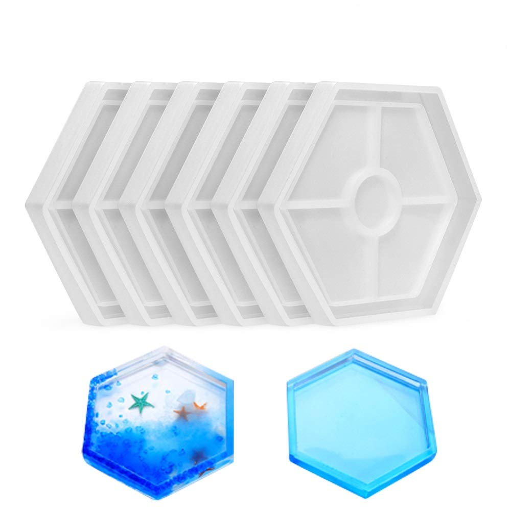 AMind4U 6PCS Silicone Resin Molds Kit - Hexagon, Square, Circle & Heart Epoxy Coaster Molds for Beginners | DIY Home Decor, Wedding Favors & Craft Projects