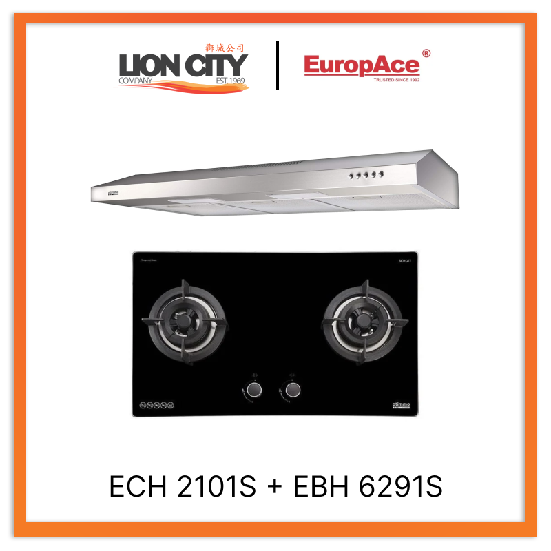 Europace ECH 2101S 90cm Stainless Steel Slim Range Hood + EBH 6291S 2 Burner 90cm Slim Glass Cooktop - Modern Kitchen Ventilation & Cooking Solution for Small Spaces