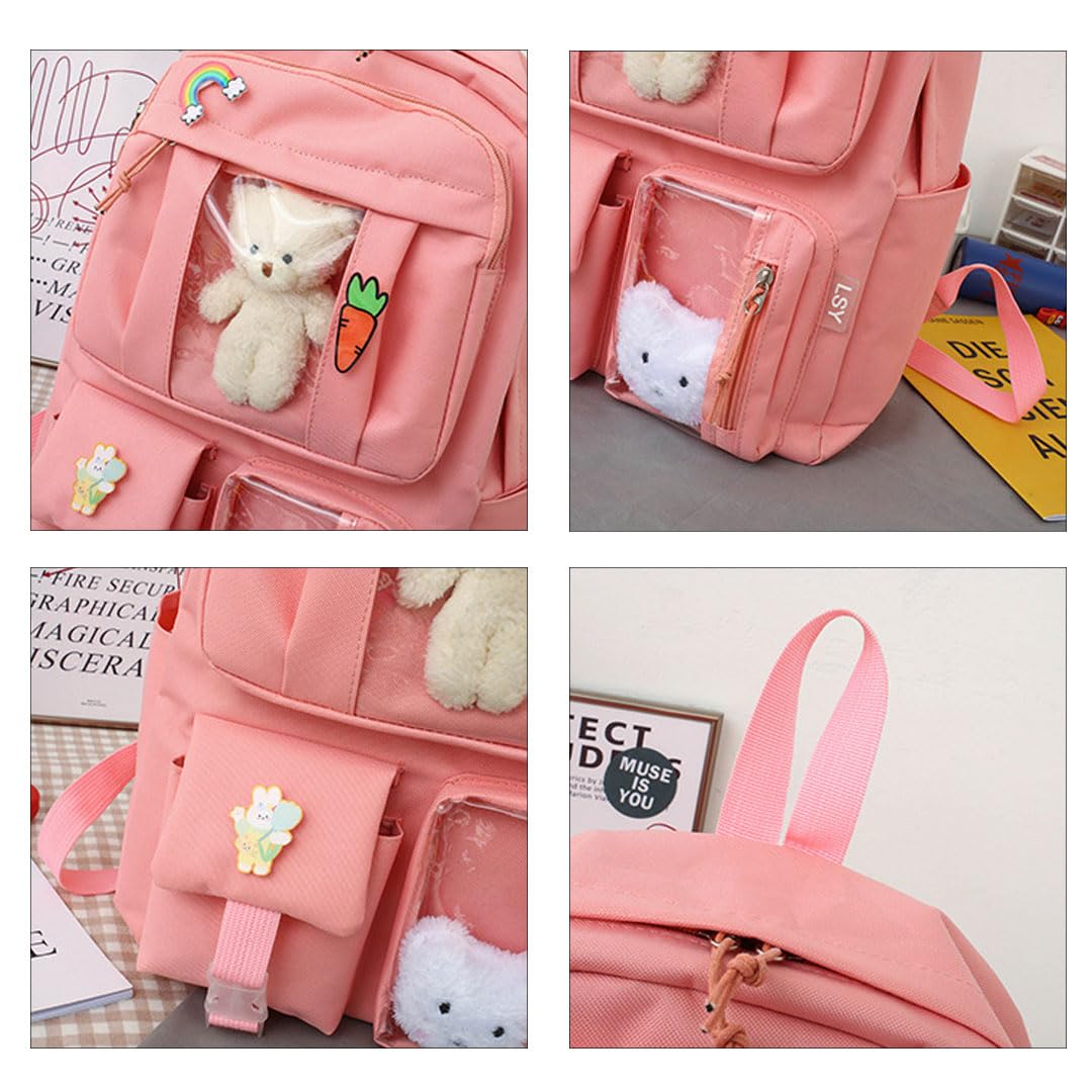 4Pcs Kawaii Cute Backpack Set for School - Aesthetic Pink Backpack with Accessories | Kawaii School Supplies for Girls, Teens & College Students | Perfect for Class, Travel & Daily Use