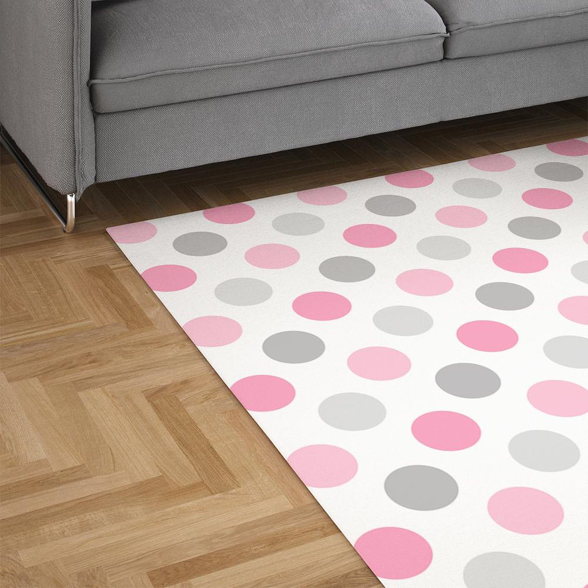 Stylish Pink & Gray Polka Dot Area Rug - Soft Fabric Throw Rug for Living Room, Bedroom, or Nursery Decor | Non-Slip Decorative Floor Mat