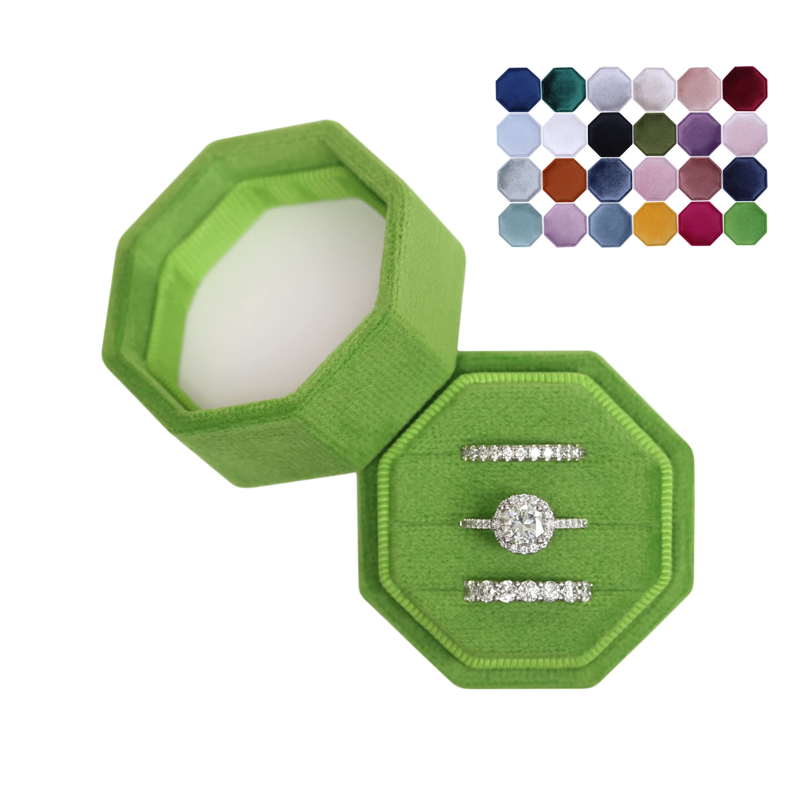 BLUTETE Velvet Jewelry Box for Engagement & Wedding Rings – 3 Slots Octagon Keepsake Box with Photo Display – Bridal Ring Holder for Proposals, Vows & Anniversary Gifts (Lime Green)