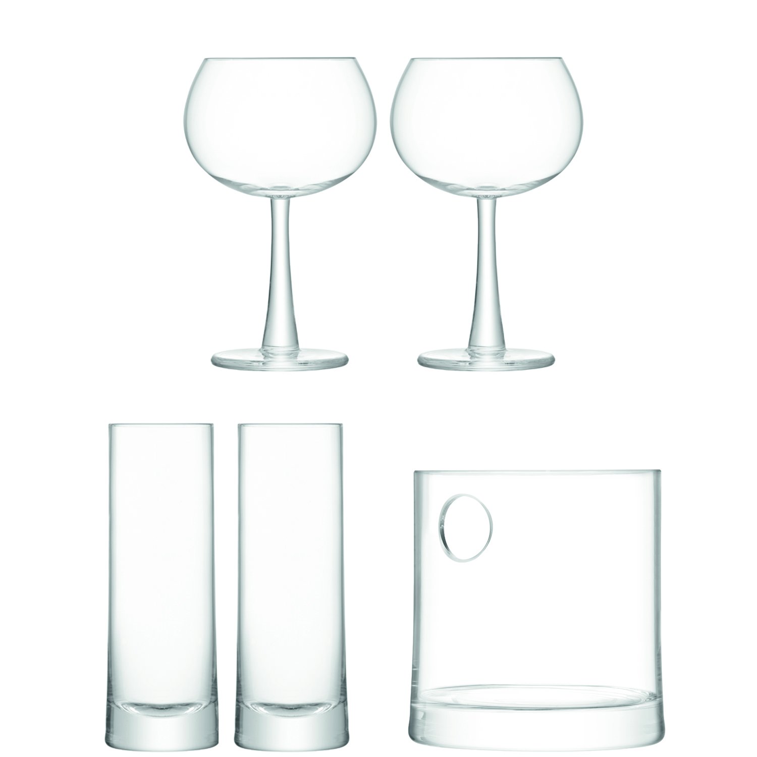 Premium LSA Gin Drinking Set - 4 Clear Balloon & Highball Glasses with Ice Bucket | Handcrafted Mouth-Blown Barware with Flared Stem & Base | Perfect for Cocktail Parties & Home Entertaining