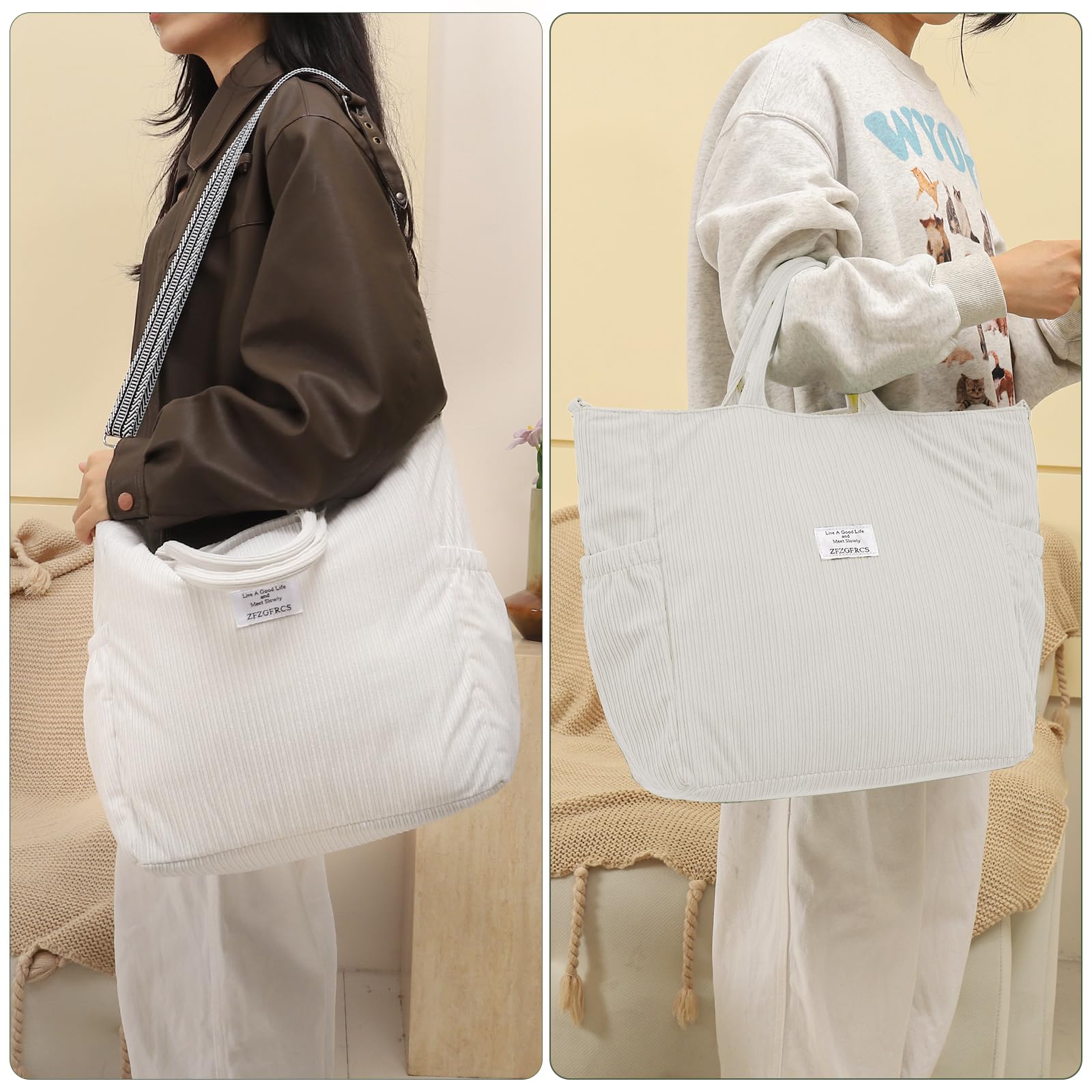 Stylish Women's Corduroy Tote Bag with Zipper - Large Casual Hobo Shoulder Bag for Work, Shopping & Travel | Durable Everyday Handbag for Office, Commute and Weekend Outings