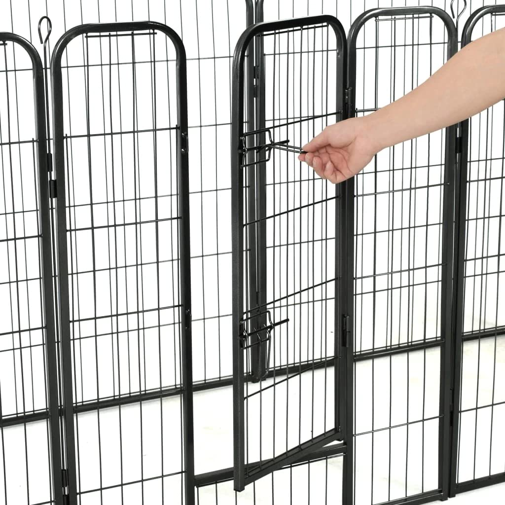 vidaXL 8-Panel Foldable Dog Playpen with Hinged Door - Black Powder-Coated Steel Puppy Cage for Indoor & Outdoor Use - Perfect for Training, Playtime, and Safe Containment in Backyard or Home