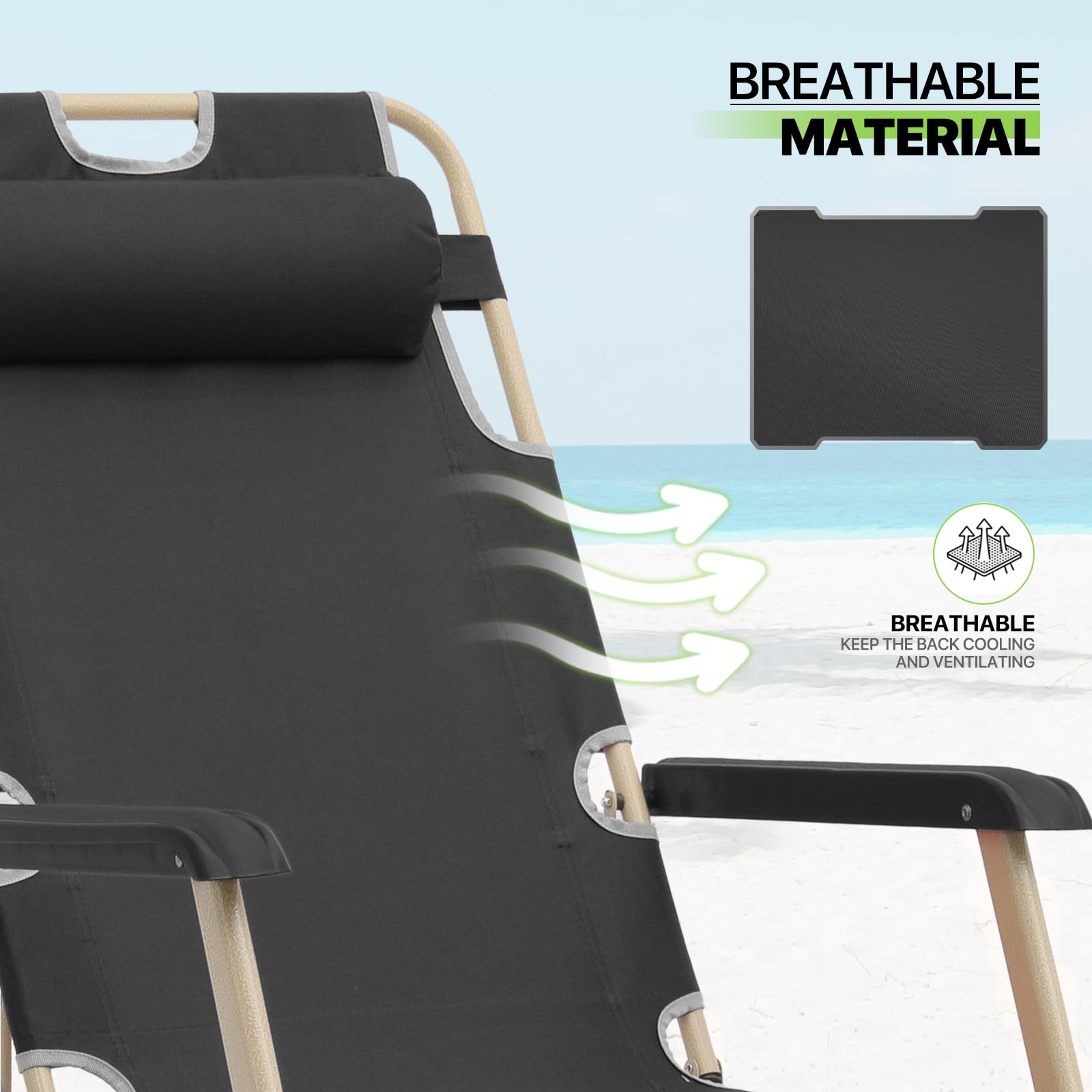 Magshion Patio Folding Lounge Chairs - Portable Outdoor Recliners with Adjustable Headrest & Anti-Slip Feet - 300 lbs Capacity Lawn Chairs for Deck, Beach, Yard, Poolside & Garden Relaxation (Black)