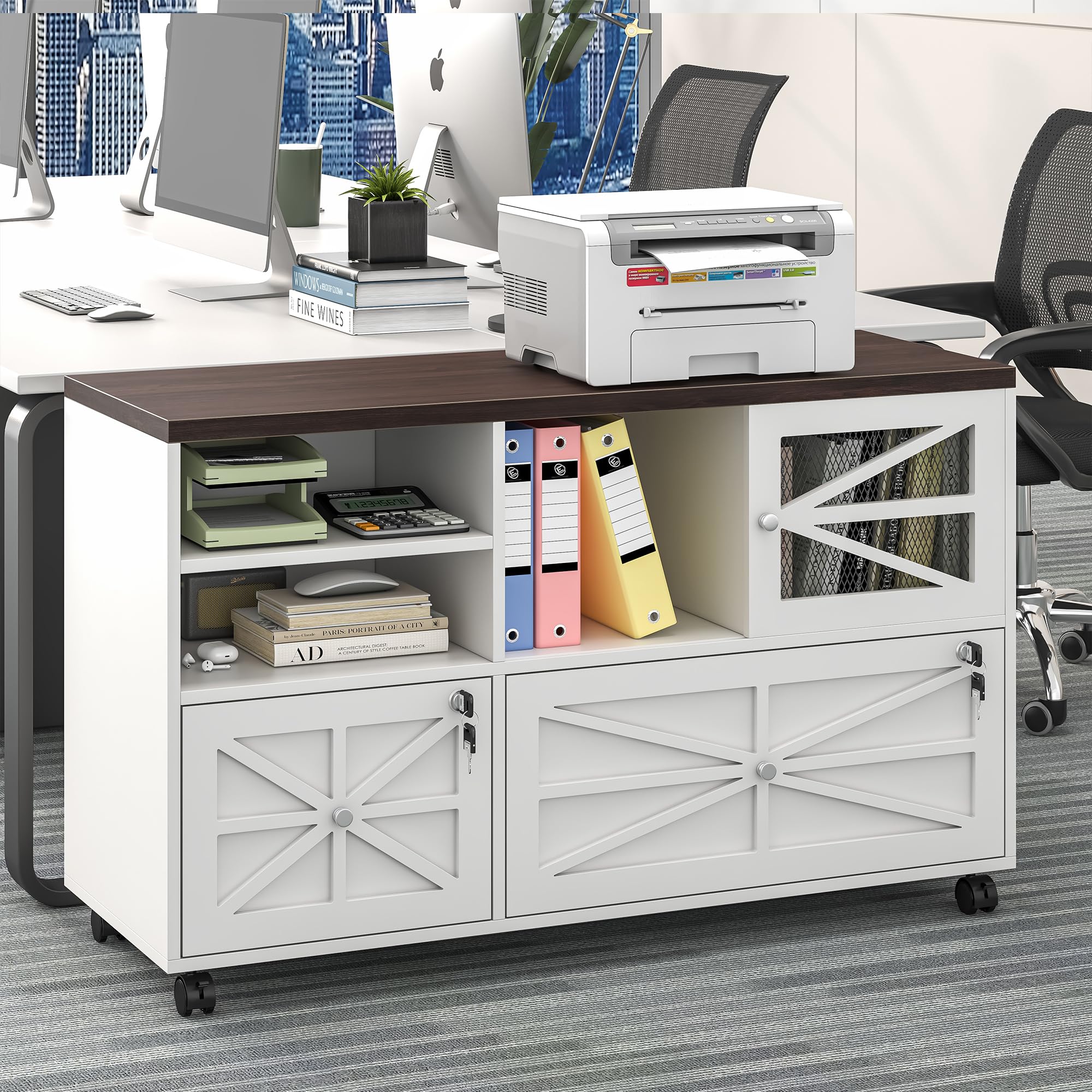 2-Drawer Locking File Cabinet with Wheels - Adjustable Shelf for Letter, Legal, F4 & A4 Files - Home Office Storage Solution for Documents & Supplies (White & Brown) - Perfect for Small Spaces & Shared Workspaces