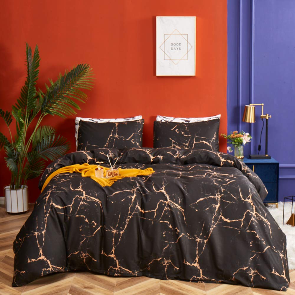 CLOTHKNOW King Size Comforter Set - Black Gold Marble & Yellow Abstract Pattern Bedding - 3 Piece Luxury Comforter Set for Men & Women - Perfect for Master Bedroom, Guest Room & Dorm Decor
