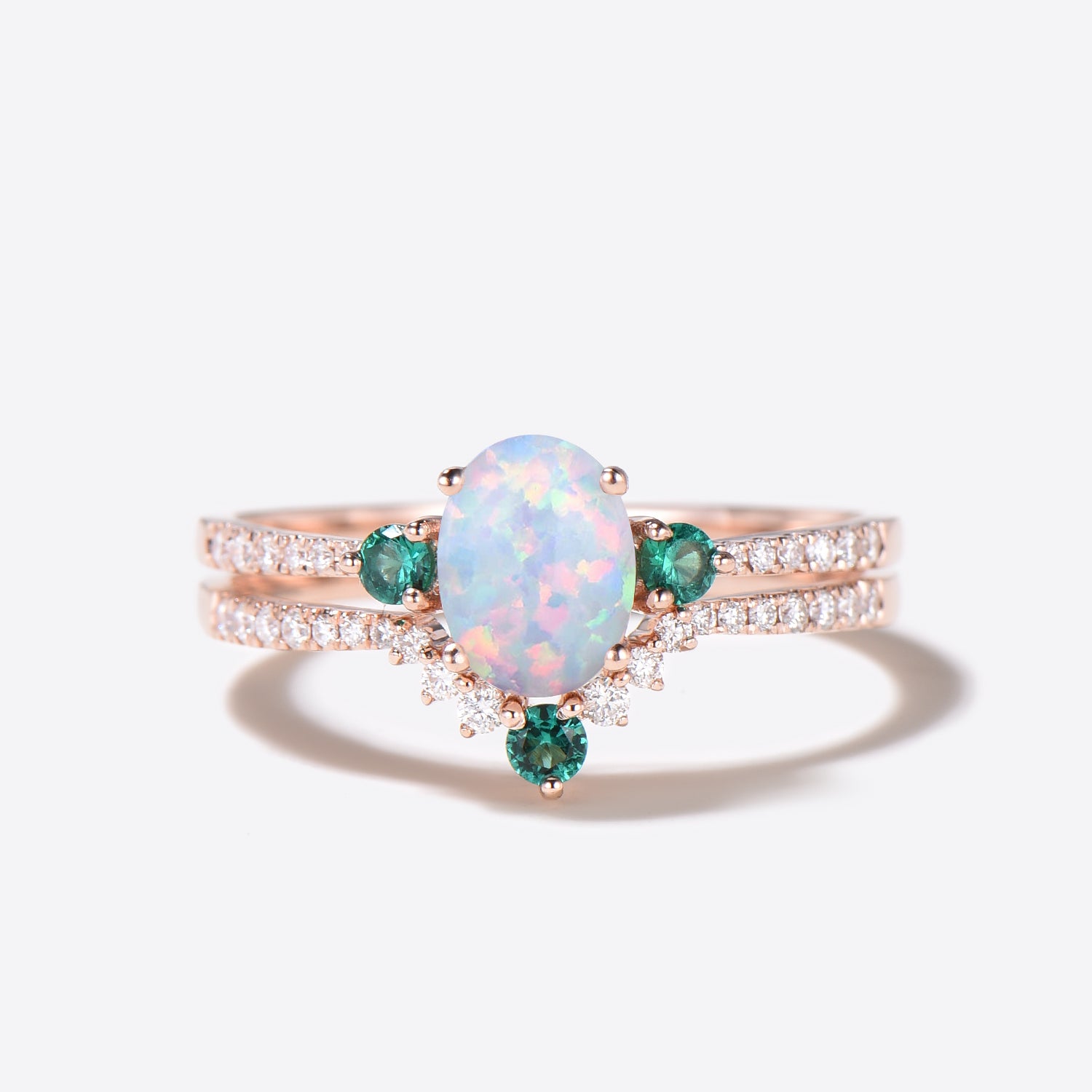 Antique Diamond & Emerald Engagement Ring Set with Lab Opal Bridal Wedding Band - Vintage Style for Bridal Jewelry, Wedding Proposal & Anniversary Gifts