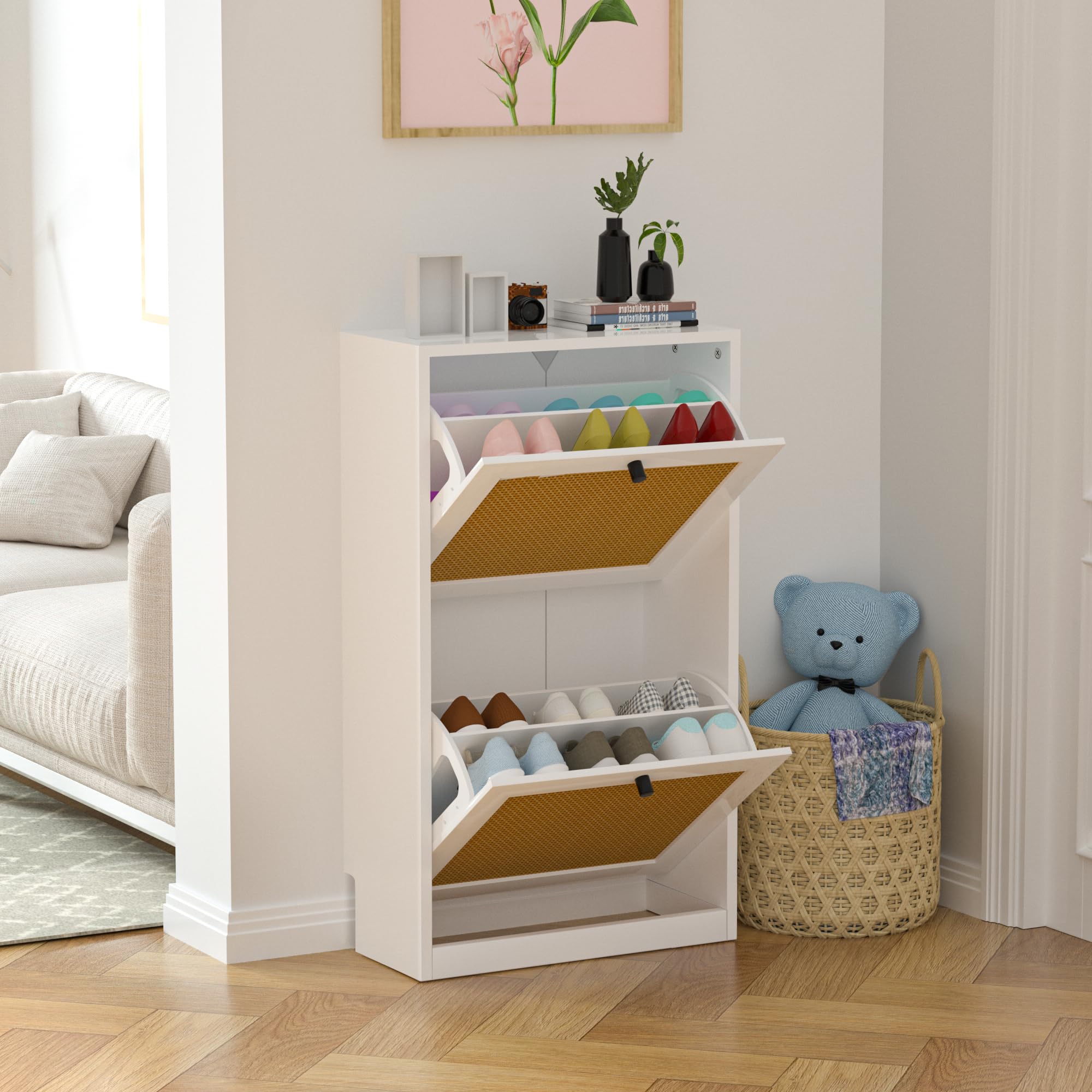 Anmytek White Rattan Shoe Cabinet - 2-Tier Wooden Shoe Rack with 2 Flip Drawers, Entryway Storage Organizer for Hallway, Living Room & Bedroom (Model S0002) - Perfect for Small Spaces, Apartment Entryways & Shoe Organization