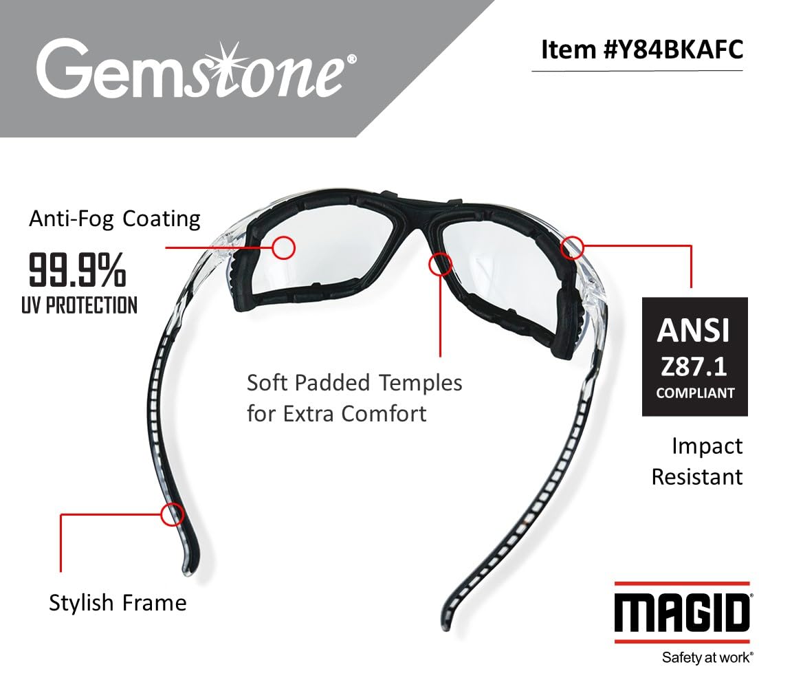 MAGID Gemstone Onyx Sporty Foam Lined Safety Glasses - 12 Pairs (Y84) - ANSI Z87.1 Certified for Construction, Woodworking & Outdoor Sports