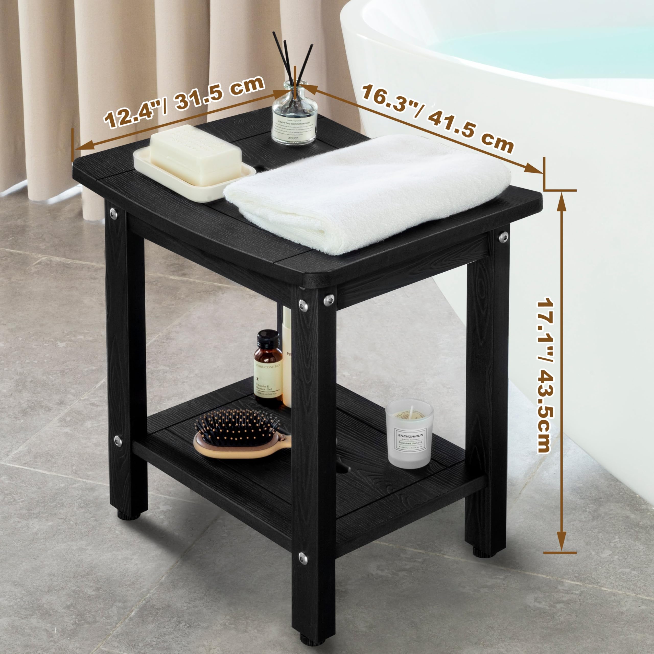 Y&M Waterproof Shower Bench for Adults - HDPE Indoor/Outdoor Shower Seat with Storage Shelf - Non-Slip Bathroom Stool for Elderly & Disabled - Perfect for Shower Sitting, Spa Relaxation & Bathroom Safety (Black)
