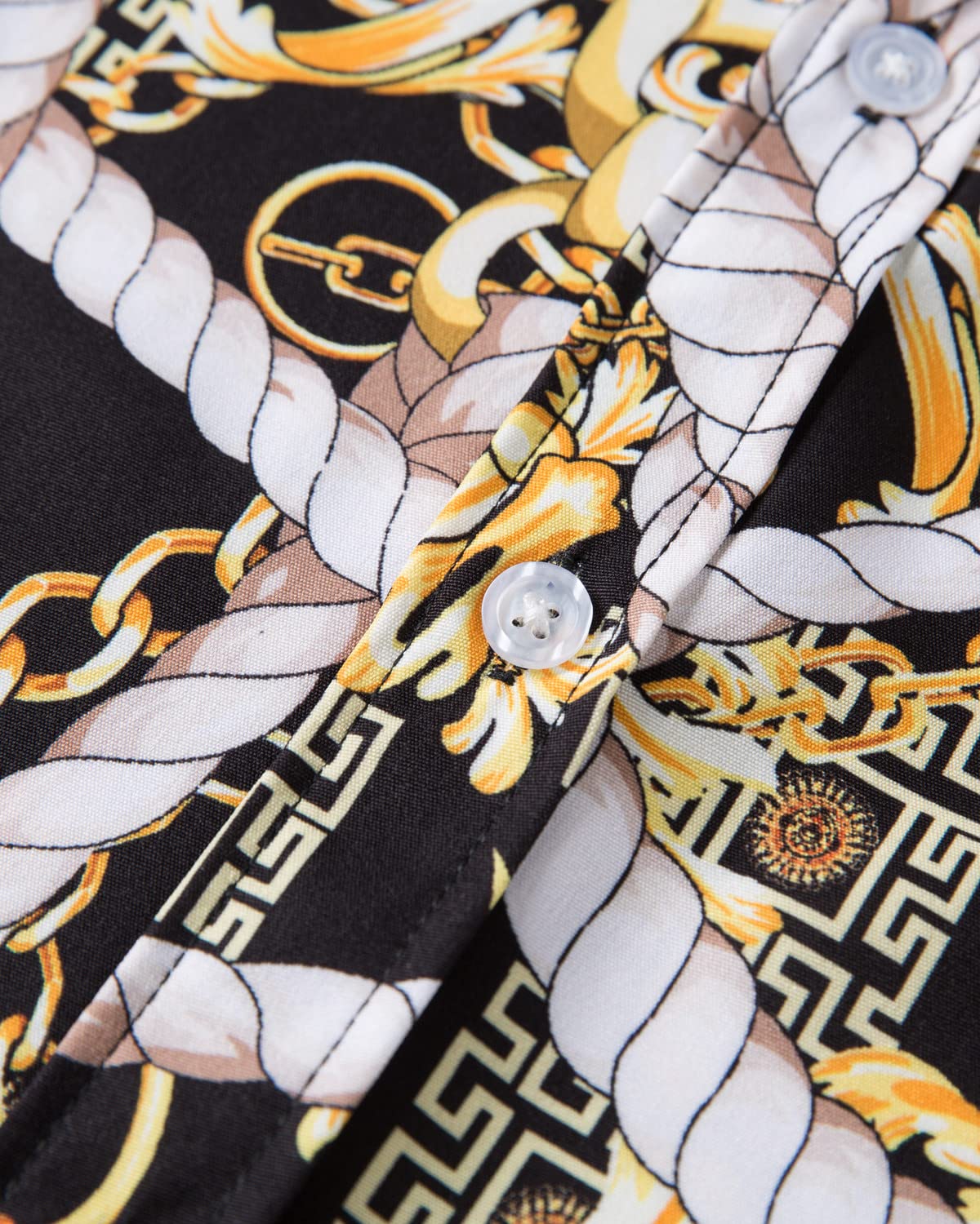 Luxury Men's Black & Gold Baroque Chain Print Short Sleeve Dress Shirt - Button Down Casual Shirt for Parties, Weddings & Formal Events - Premium Buchona Style Fashion Top